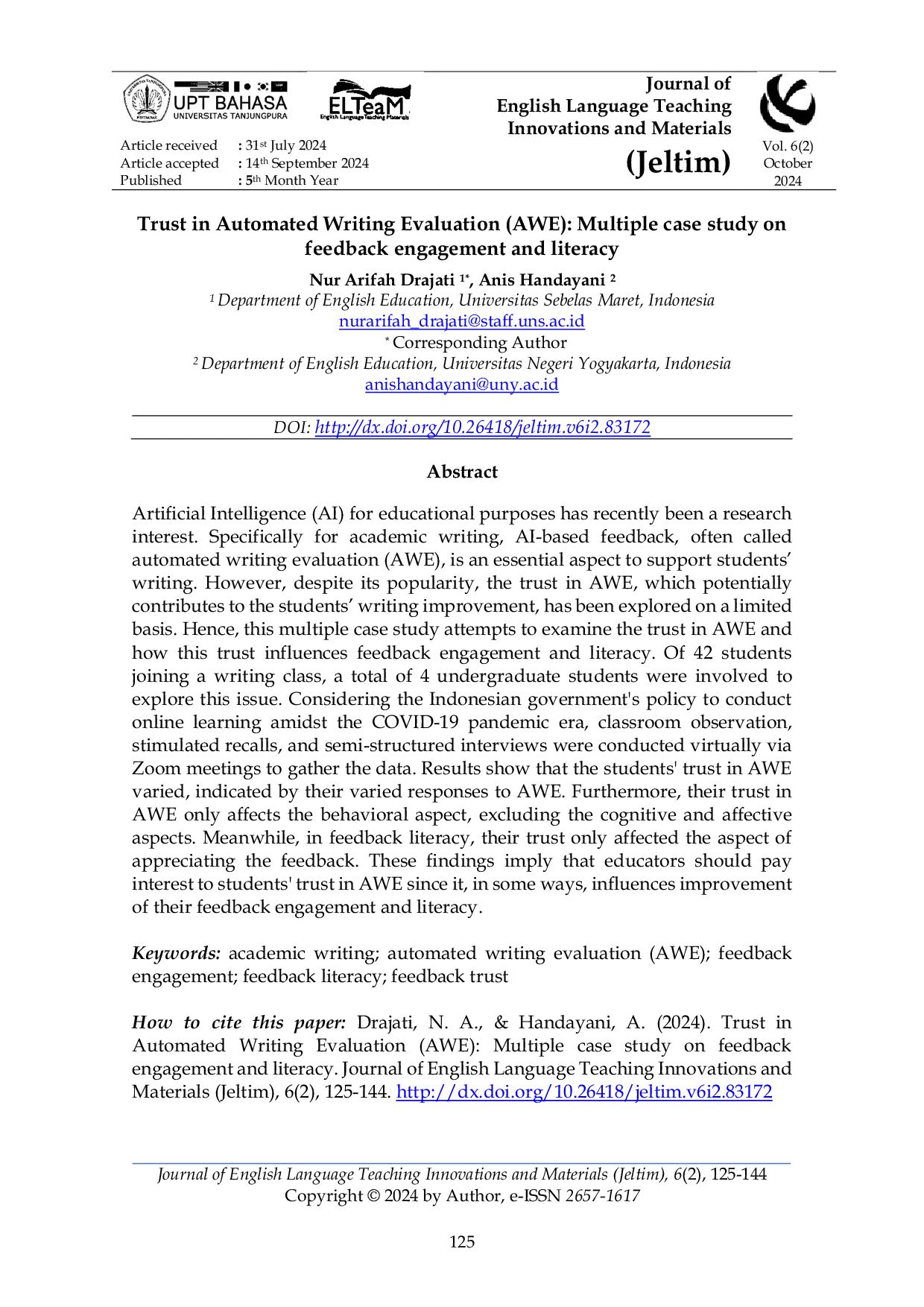 JURIS Trust in Automated Writing Evaluation AWE Multiple Case Study on Feedback Engagement and Literacy