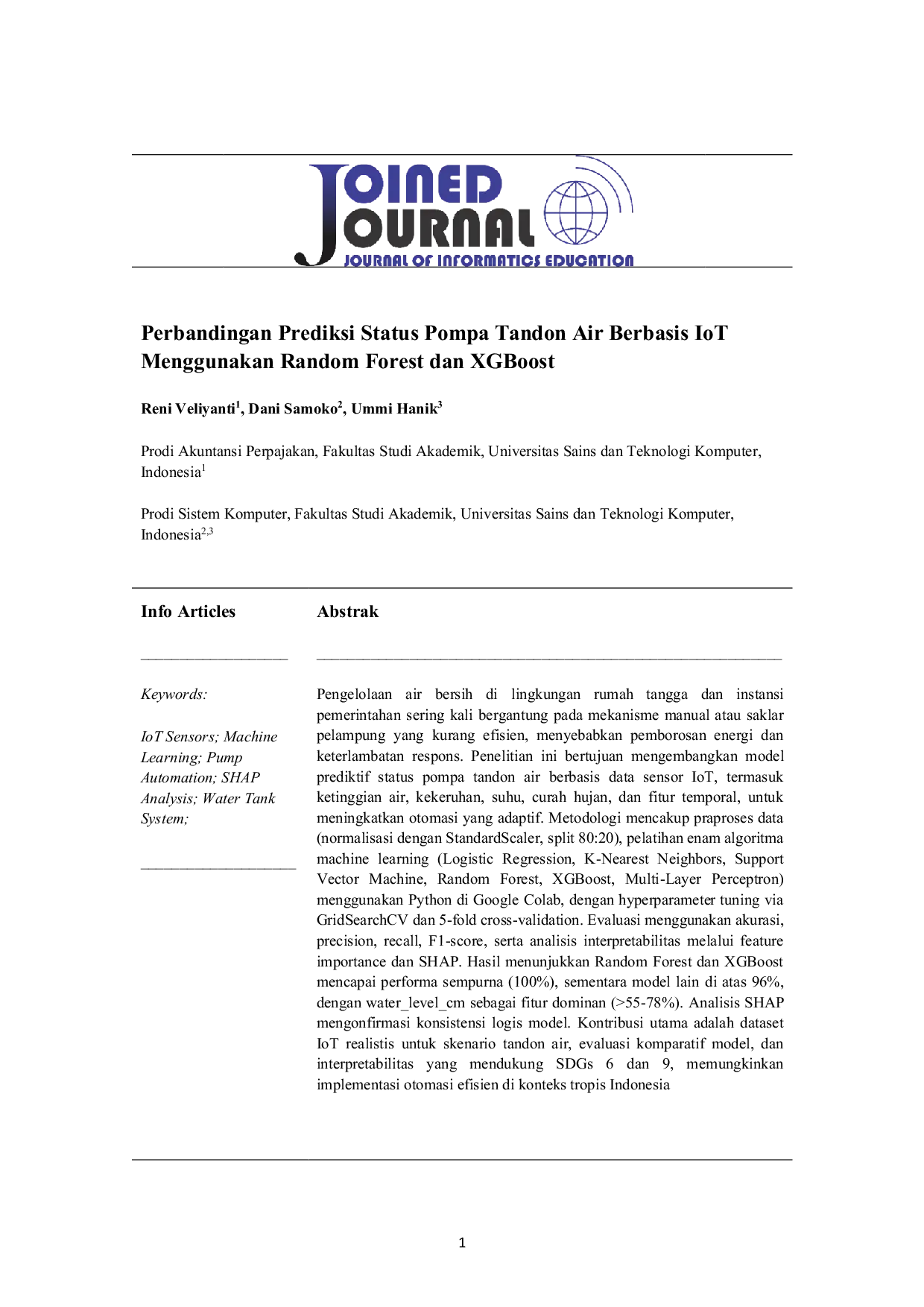 JURIS Perbandingan Prediksi Status Pompa Tandon Air Berbasis IoT Menggunakan Random Forest dan XGBoost