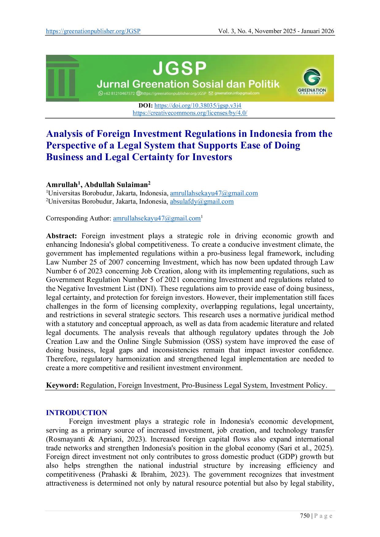 JURIS Analysis of Foreign Investment Regulations in Indonesia from the Perspective of a Legal System that Supports Ease of Doing Business and Legal Certainty for Investors