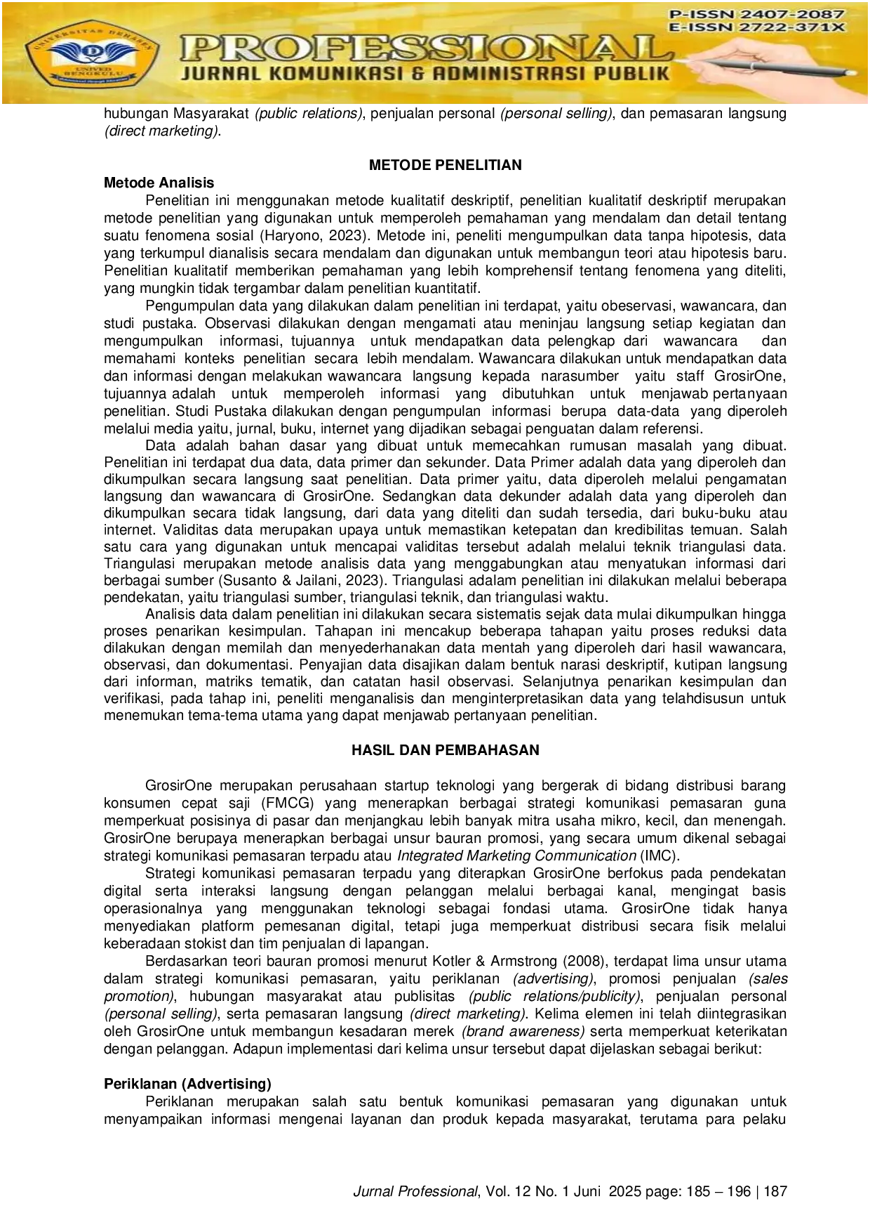 JURIS Integrated Marketing Communication Dalam Meningkatkan Brand Awareness Pada Bisnis Startup Di Grosirone