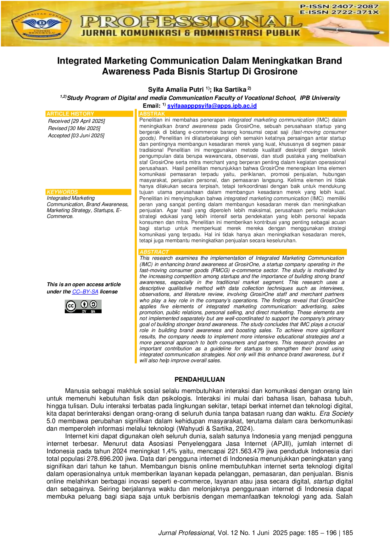 JURIS Integrated Marketing Communication Dalam Meningkatkan Brand Awareness Pada Bisnis Startup Di Grosirone