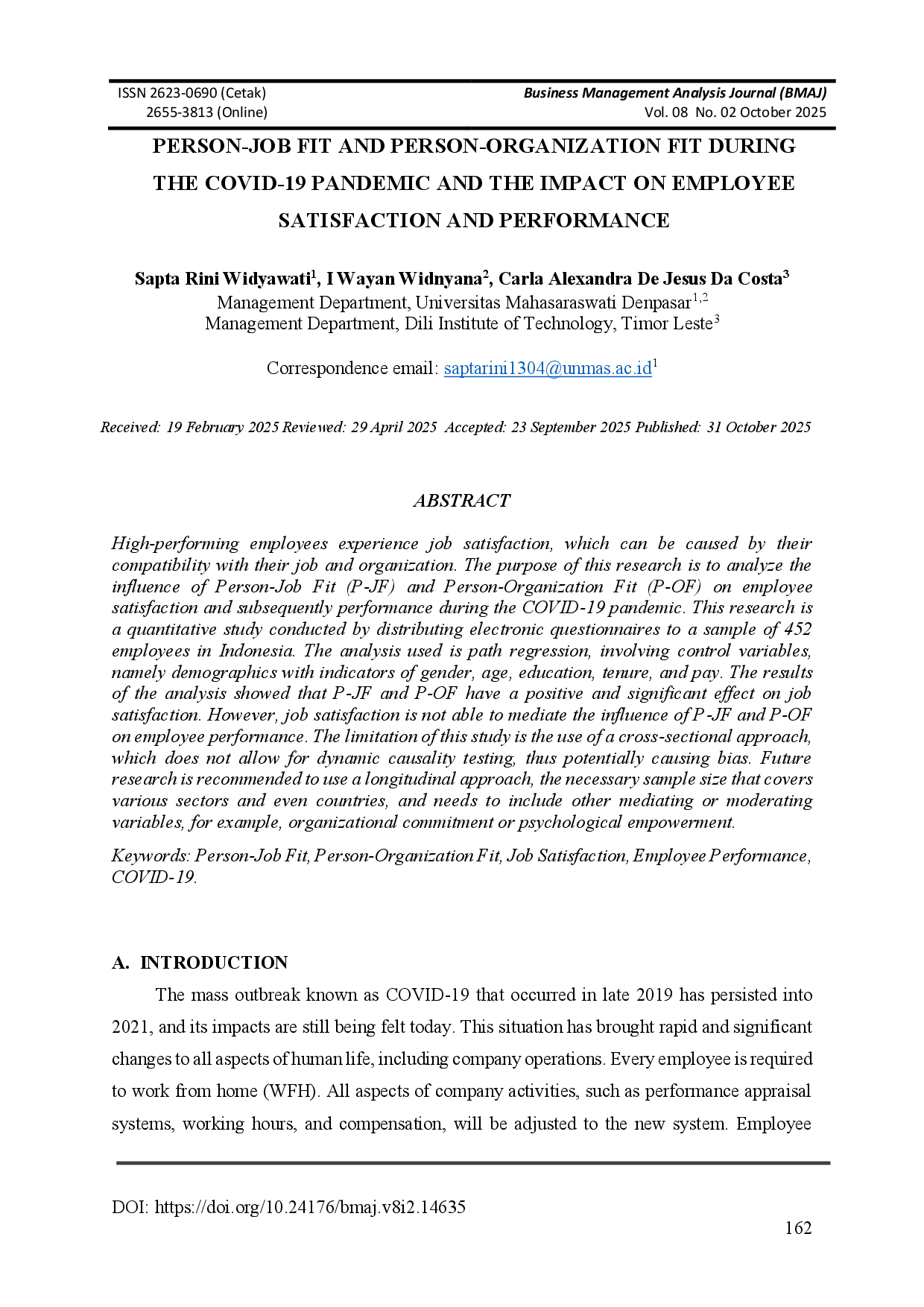JURIS Person Job Fit And Person Organization Fit During The Covid 19 Pandemic And The Impact On Employee Satisfaction And Performance