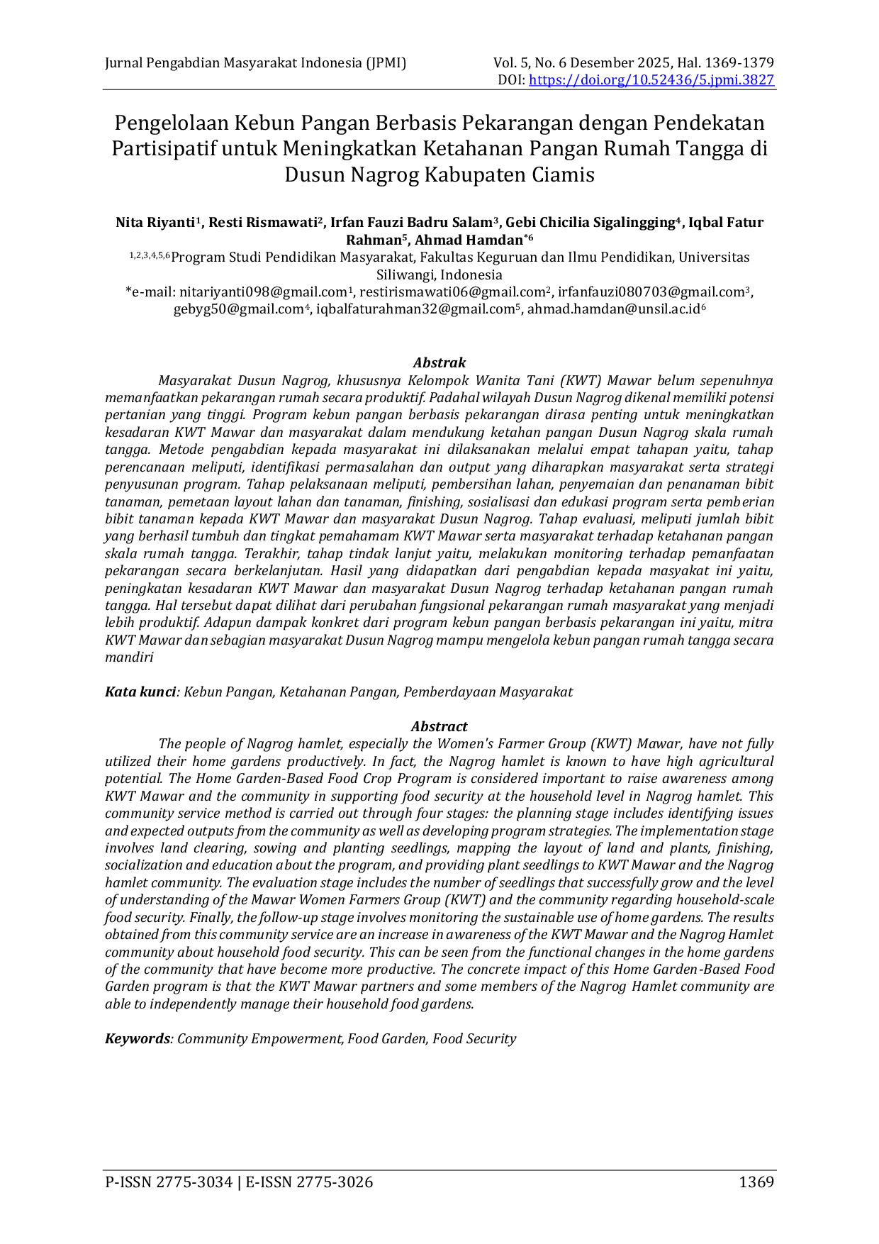 JURIS Pengelolaan Kebun Pangan Berbasis Pekarangan dengan Pendekatan Partisipatif untuk Meningkatkan Ketahanan Pangan Rumah Tangga di Dusun Nagrog Kabupaten Ciamis