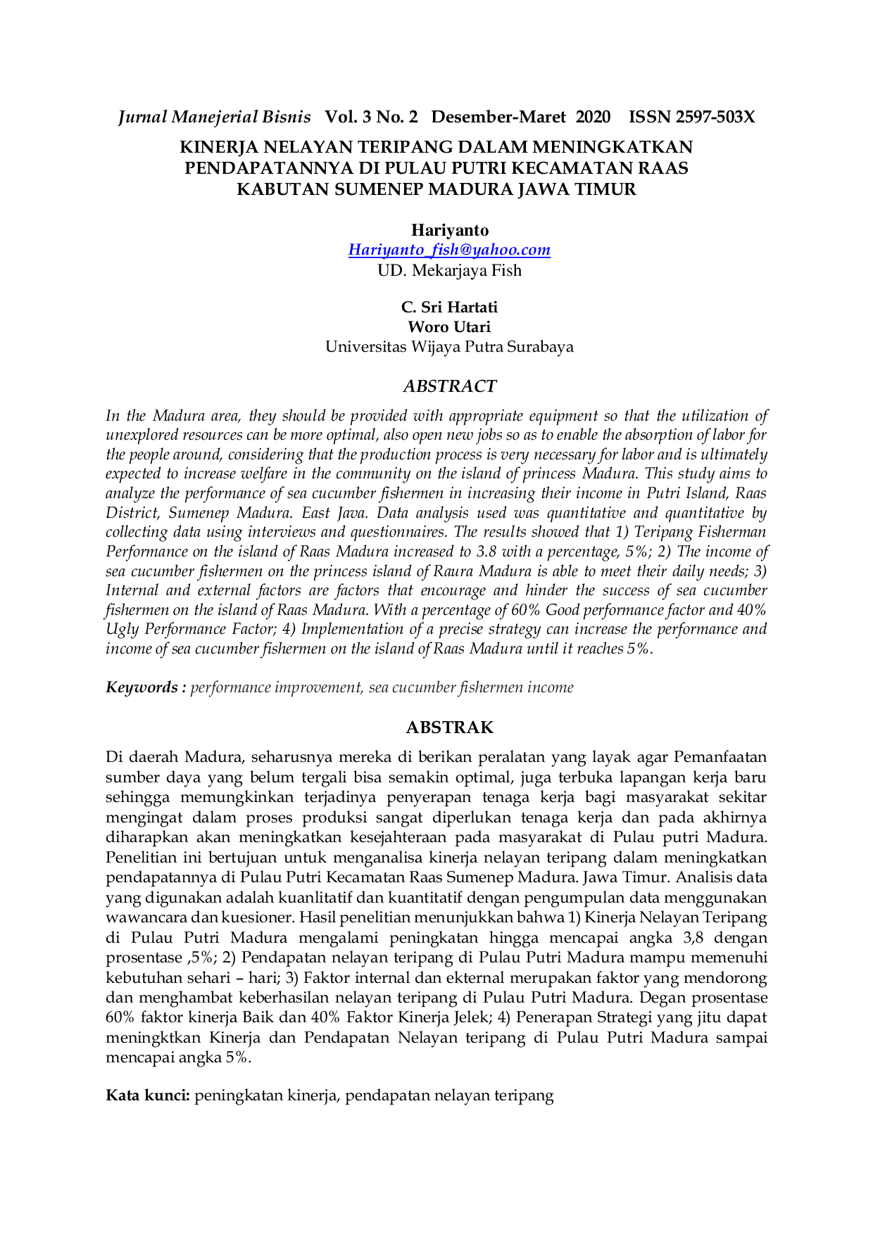 JURIS Kinerja Nelayan Teripang Dalam Meningkatkan Pendapatannya di Pulau Putri Kecamatan Raas Kabupaten Sumenep Madura Jawa Timur