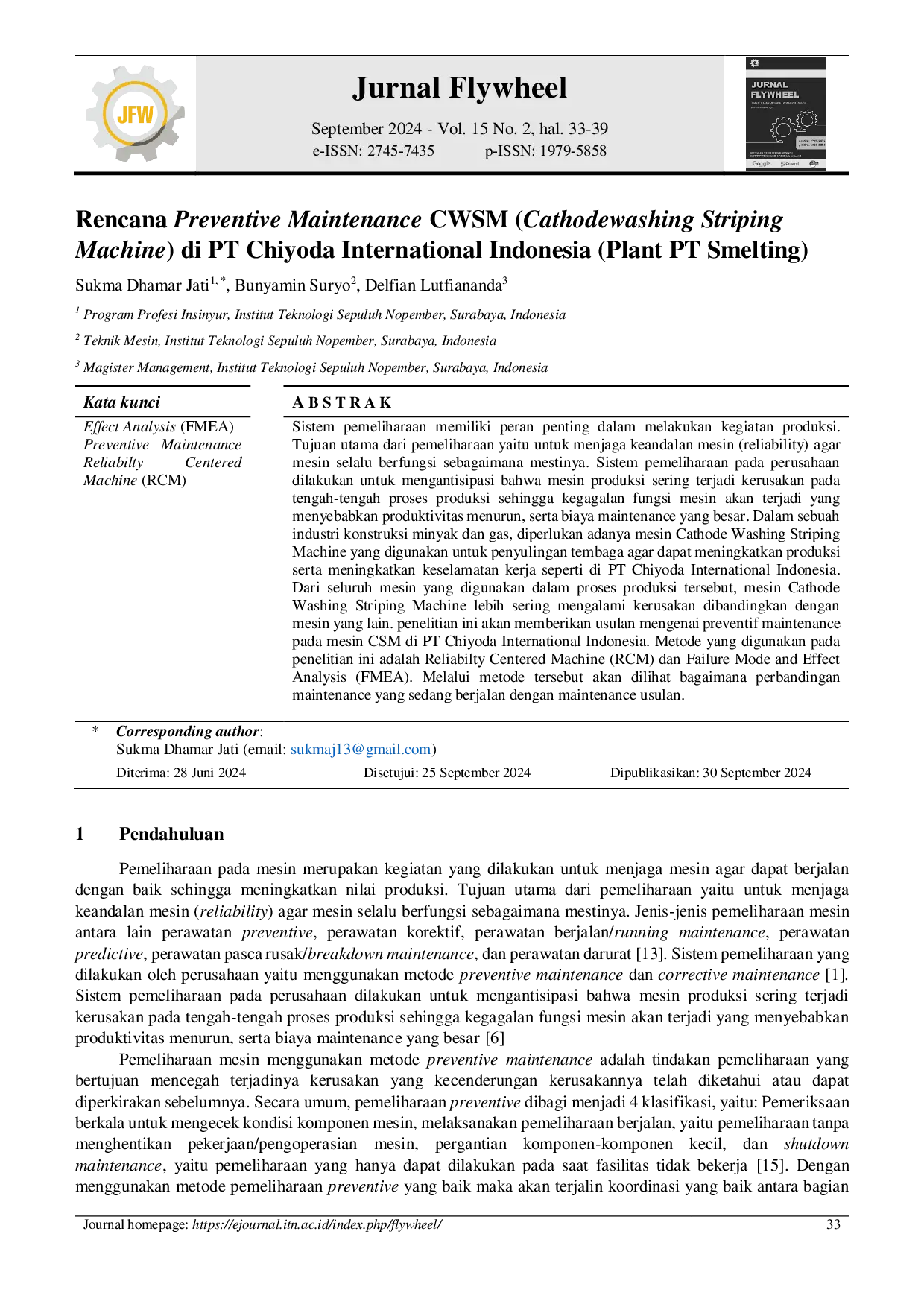 JURIS Rencana Preventive Maintenance CWSM Cathodewashing Striping Machine di PT Chiyoda International Indonesia Plant PT Smelting