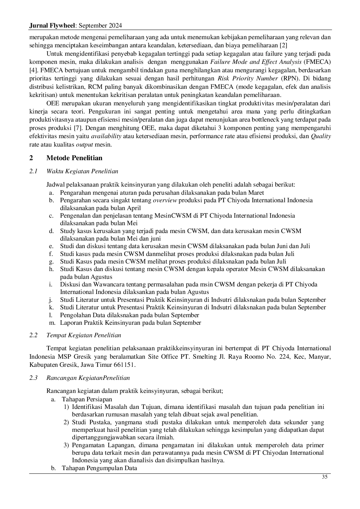 JURIS Rencana Preventive Maintenance CWSM Cathodewashing Striping Machine di PT Chiyoda International Indonesia Plant PT Smelting