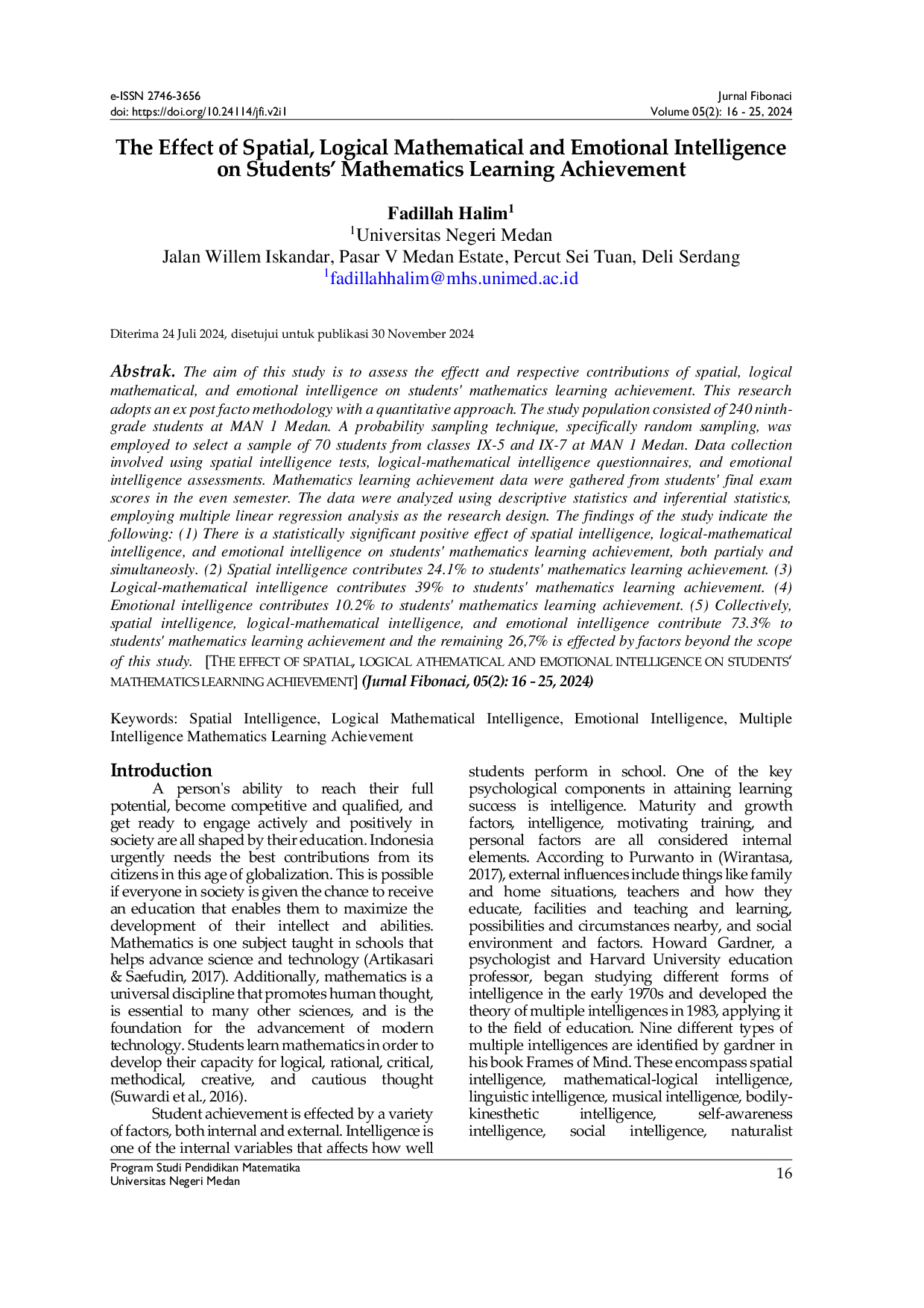 JURIS The Effect of Spatial Logical Mathematical and Emotional Intelligence on Students Mathematics Learning Achievement