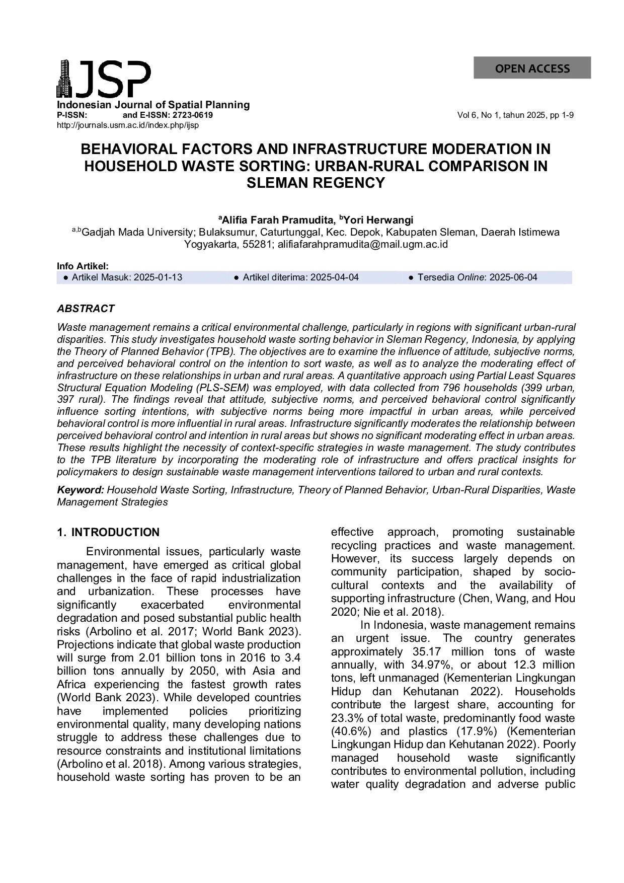 JURIS Behavioral Factors And Infrastructure Moderation In Household Waste Sorting Urban Rural Comparison In Sleman Regency