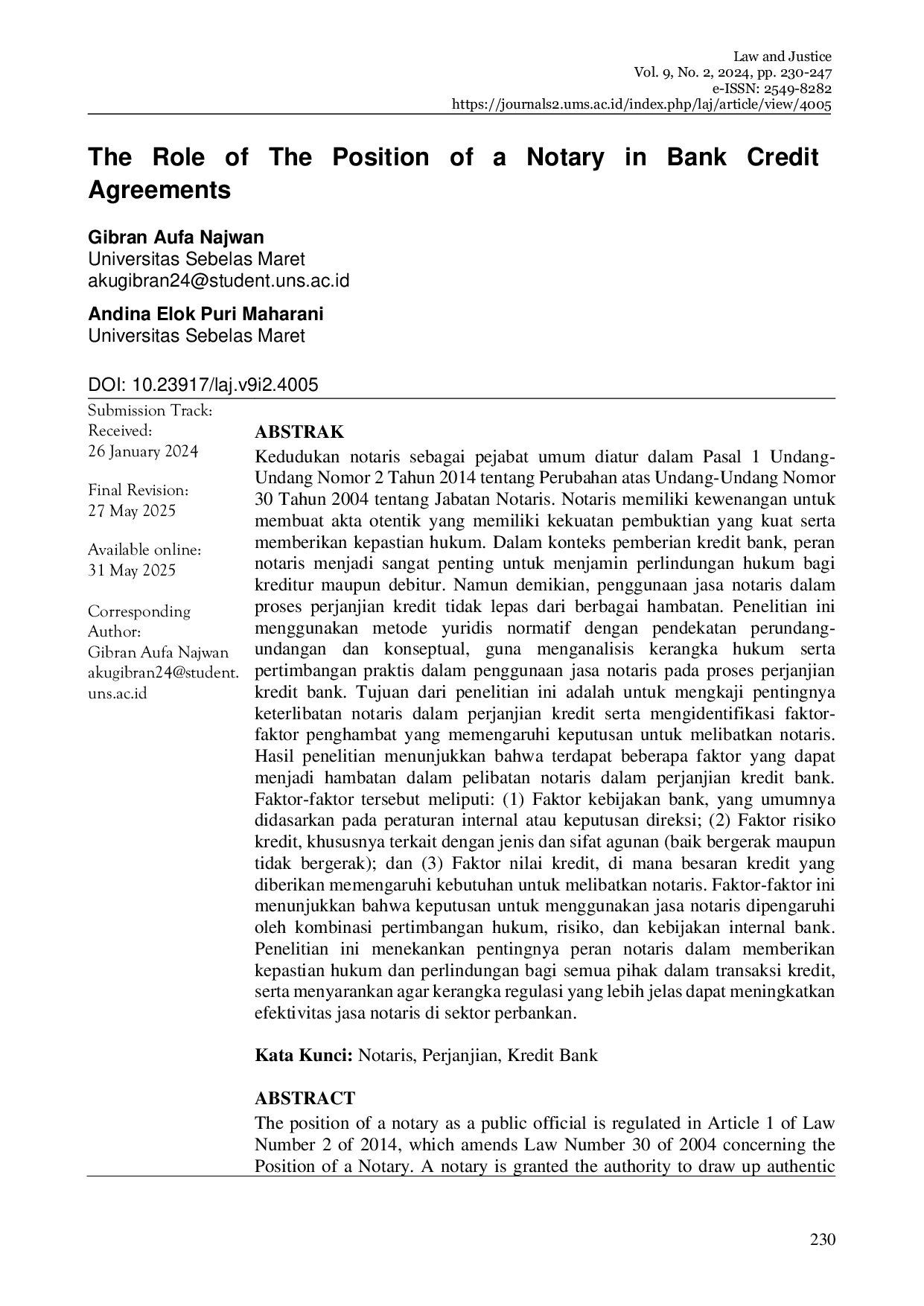JURIS The Role of The Position of a Notary in Bank Credit Agreements