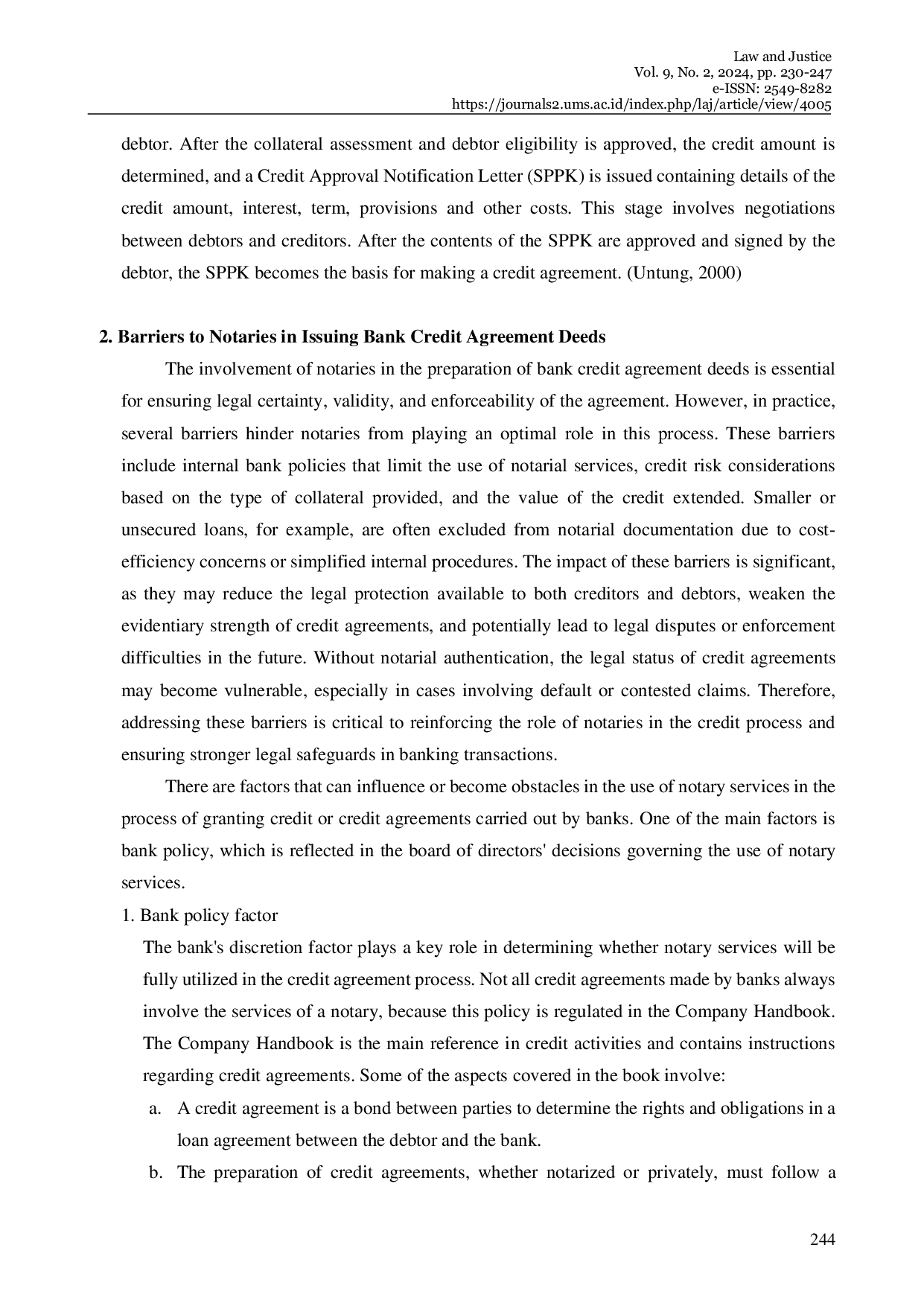 JURIS The Role of The Position of a Notary in Bank Credit Agreements