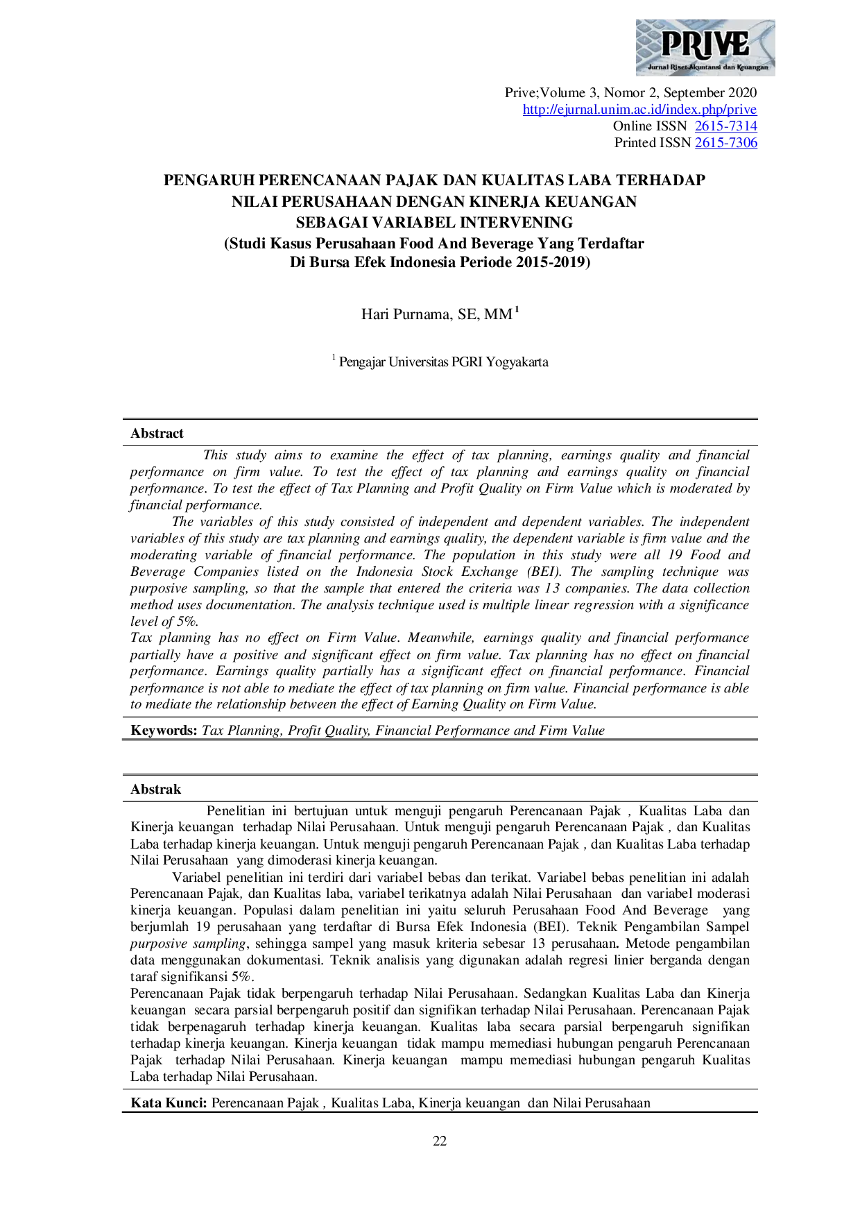 JURIS Pengaruh Perencanaan Pajak dan Kualitas Laba Terhadap Nilai Perusahaan dengan Kinerja Keuangan Sebagai Variabel Intervening