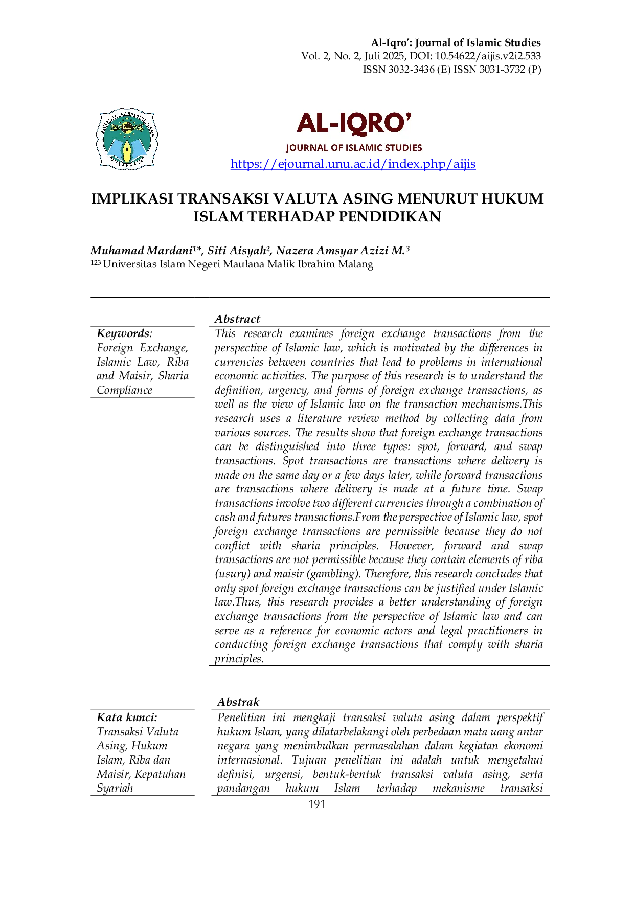 JURIS Implikasi Transaksi Valuta Asing Menurut Hukum Islam Terhadap Pendidikan