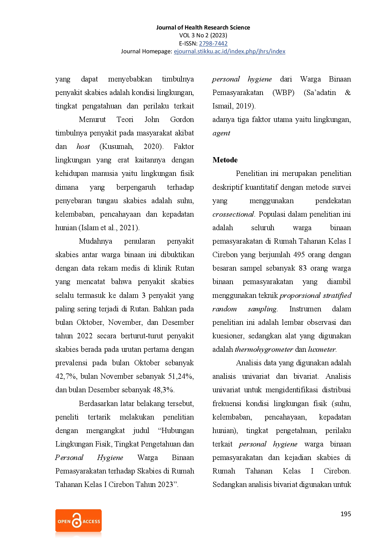 juris Hubungan Lingkungan Fisik Tingkat Pengetahuan dan Personal Hygiene Warga Binaan Pemasyarakatan terhadap Skabies di Rumah Tahanan Kelas I Cirebon Tahun 2023