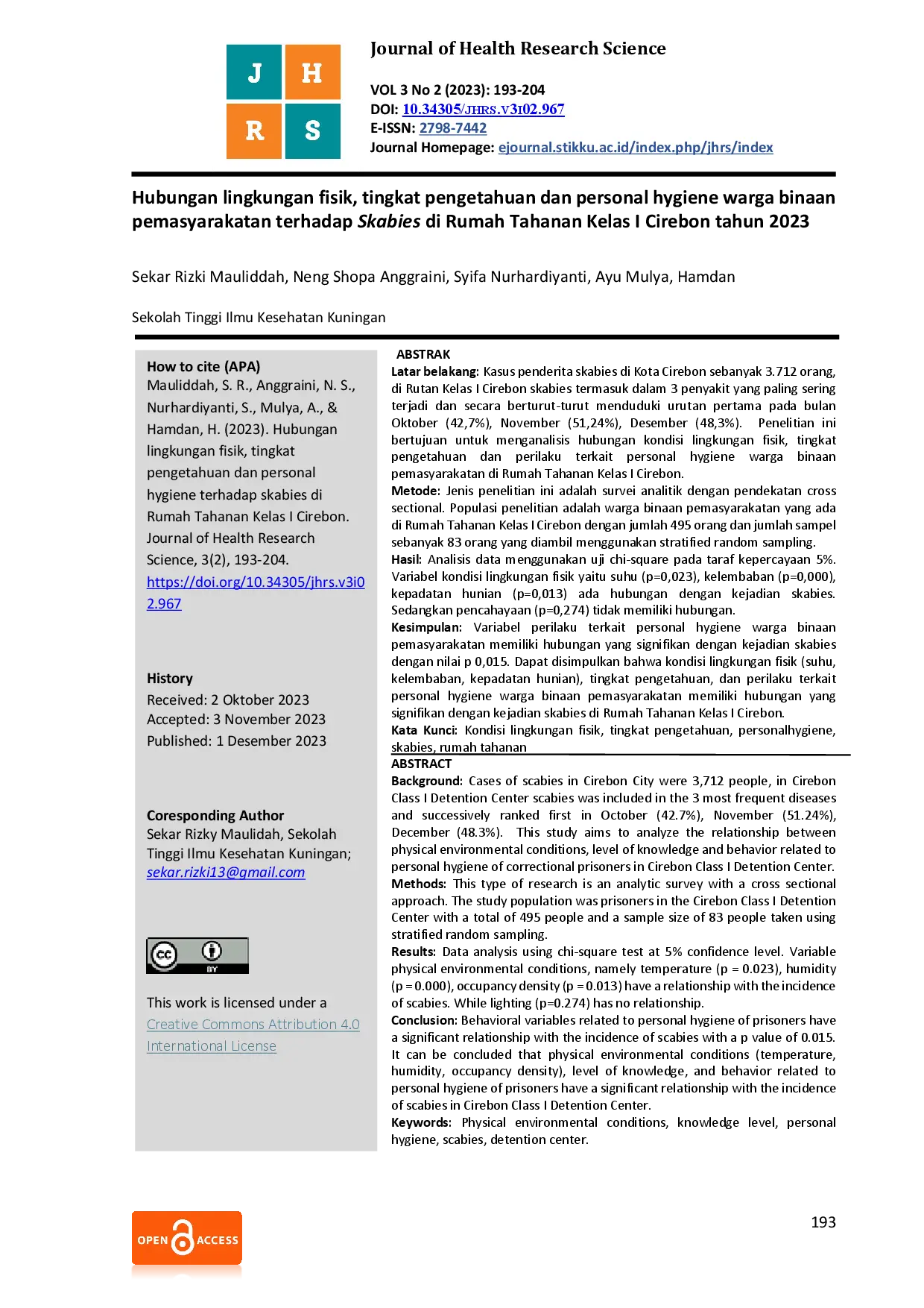 juris Hubungan Lingkungan Fisik Tingkat Pengetahuan dan Personal Hygiene Warga Binaan Pemasyarakatan terhadap Skabies di Rumah Tahanan Kelas I Cirebon Tahun 2023
