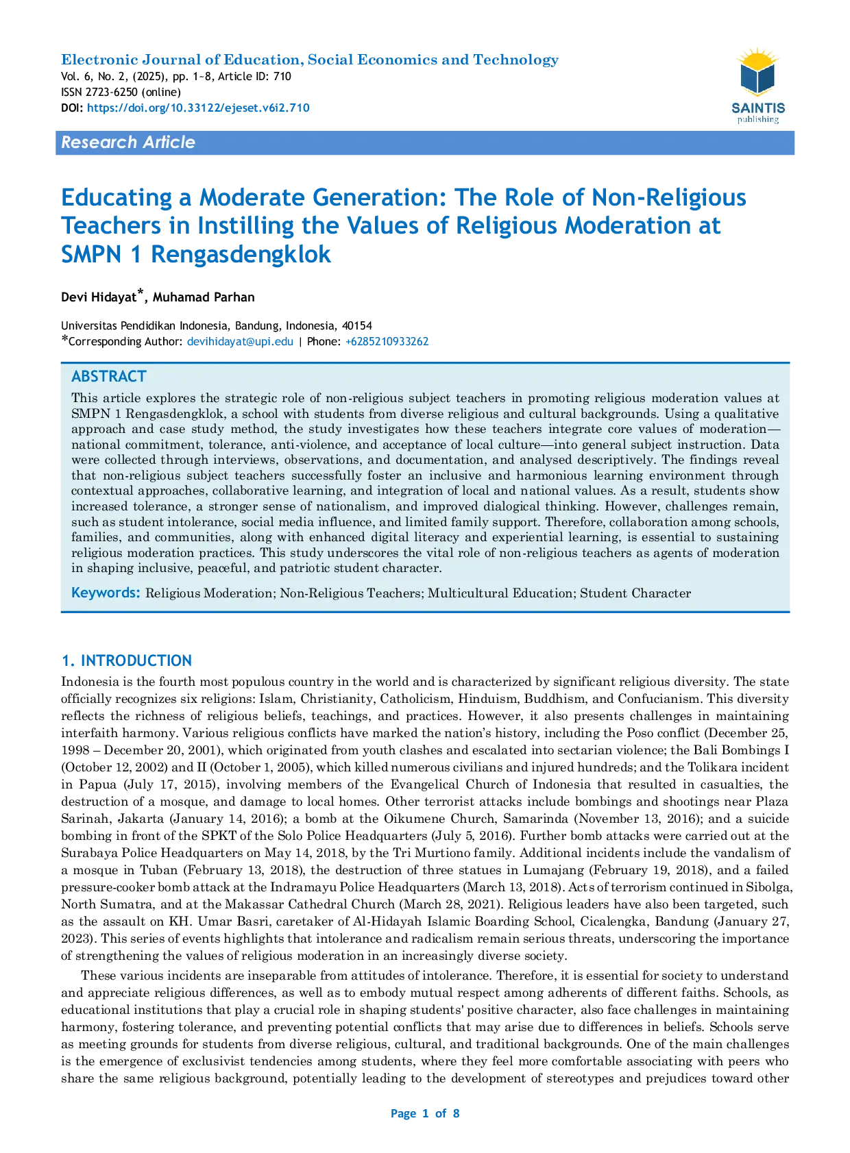 JURIS Educating a Moderate Generation The Role of Non Religious Teachers in Instilling the Values of Religious Moderation at SMPN 1 Rengasdengklok