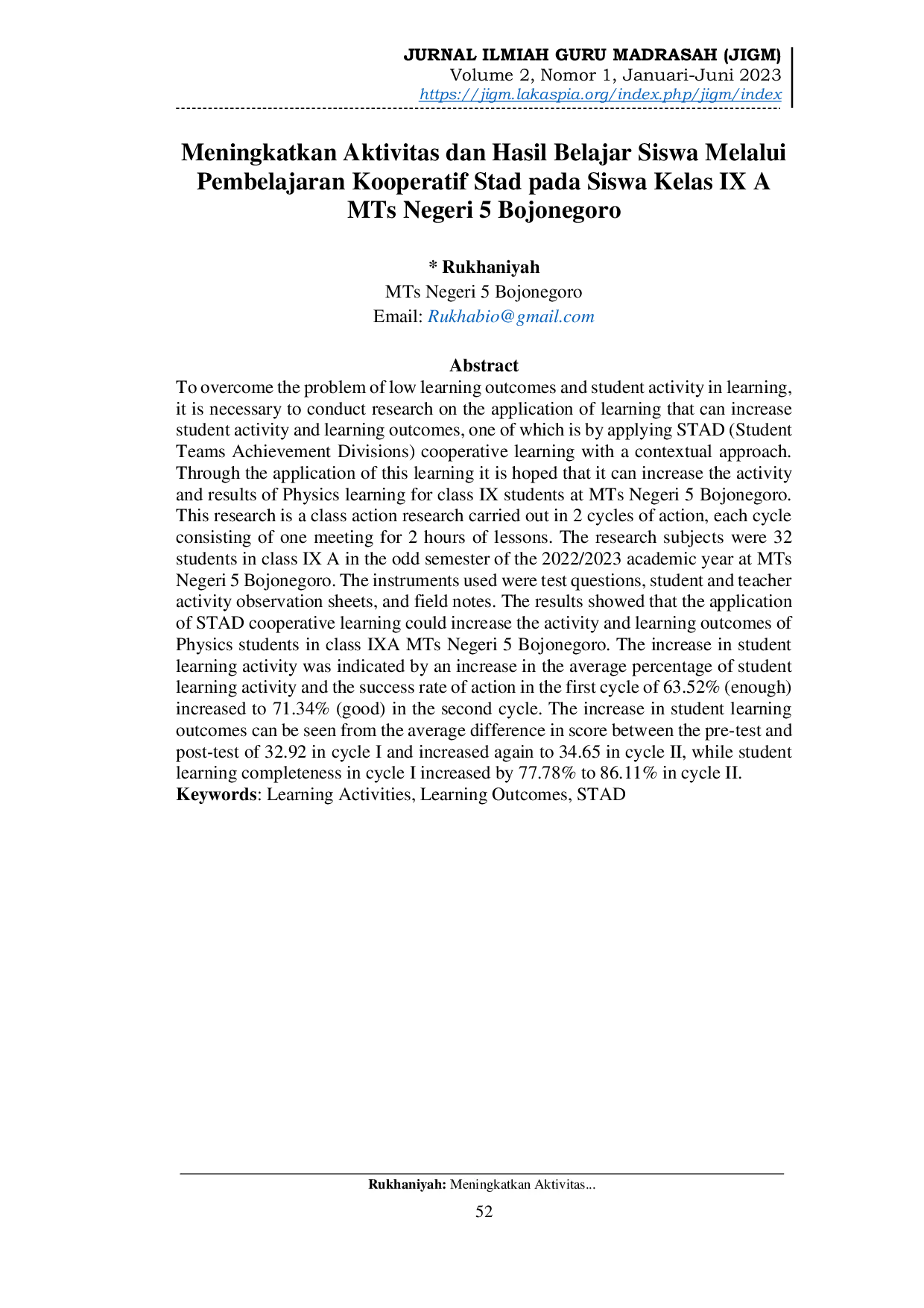 JURIS Meningkatkan Aktivitas dan Hasil Belajar Siswa Melalui Pembelajaran Kooperatif Stad pada Siswa Kelas IX A MTs Negeri 5 Bojonegoro