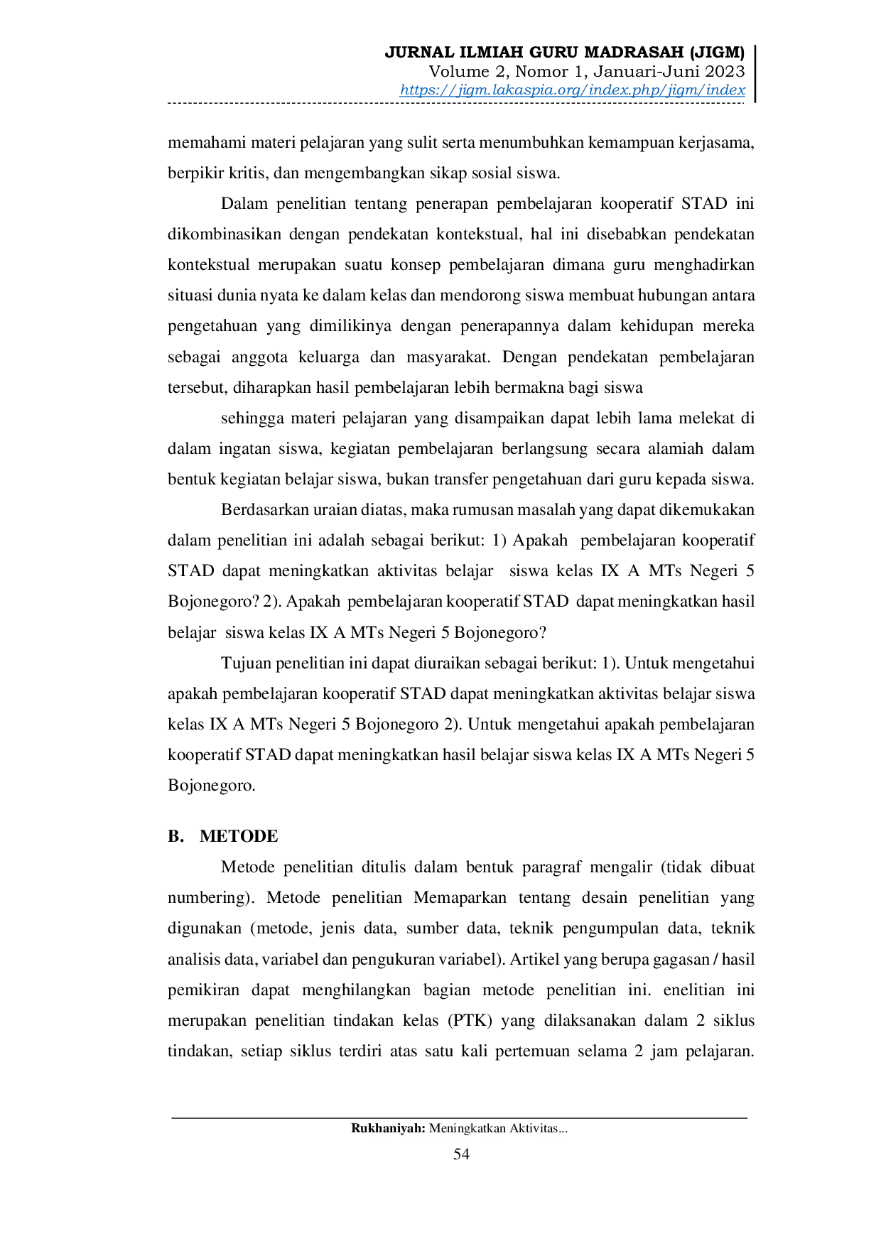 JURIS Meningkatkan Aktivitas dan Hasil Belajar Siswa Melalui Pembelajaran Kooperatif Stad pada Siswa Kelas IX A MTs Negeri 5 Bojonegoro