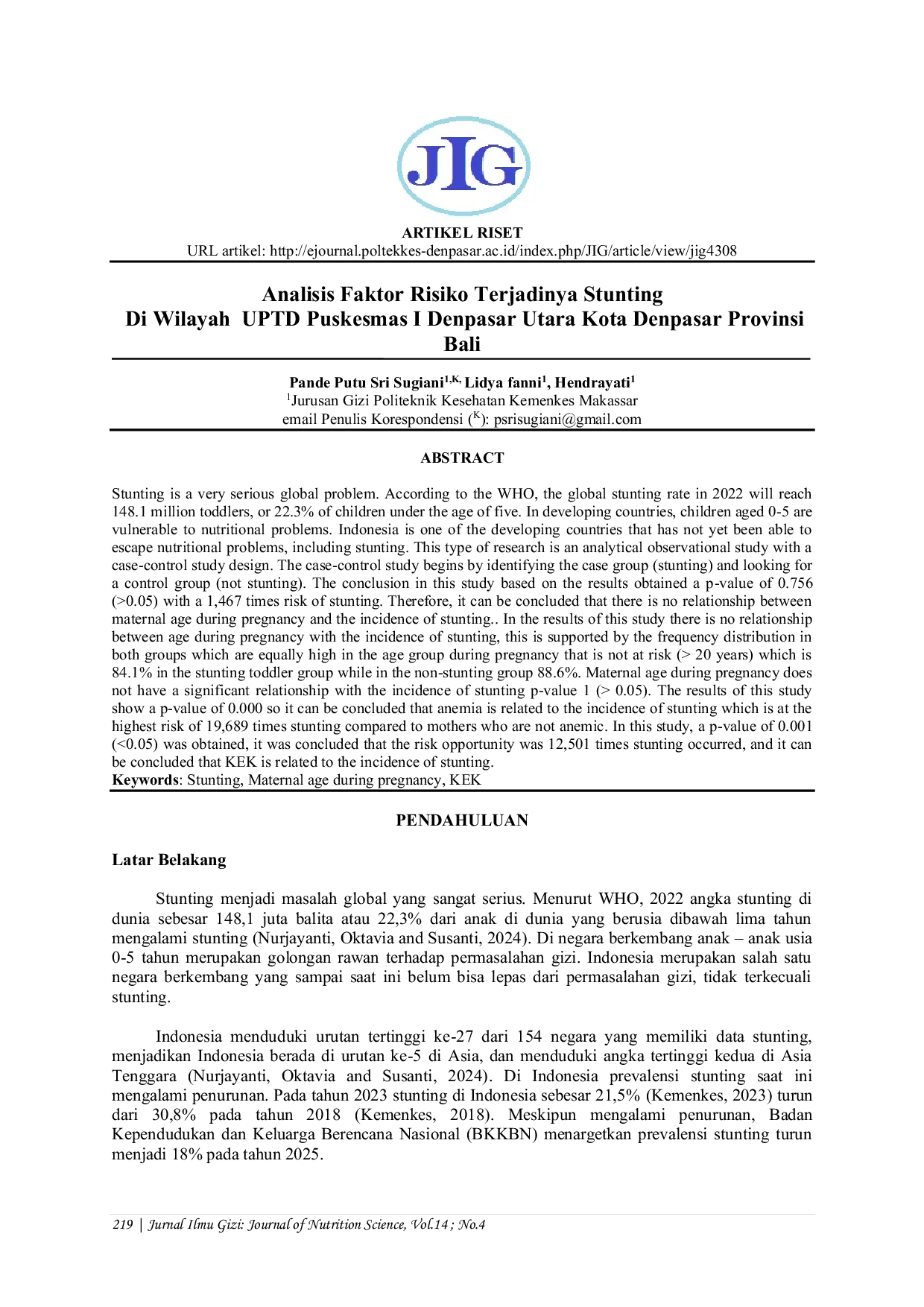 JURIS Analisis Faktor Risiko Terjadinya Stunting Di Wilayah UPTD Puskesmas I Denpasar Utara Kota Denpasar Provinsi Bali