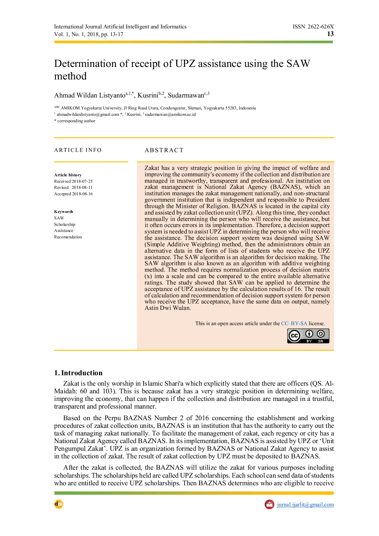 JURIS Determination of receipt of UPZ assistance using the SAW method