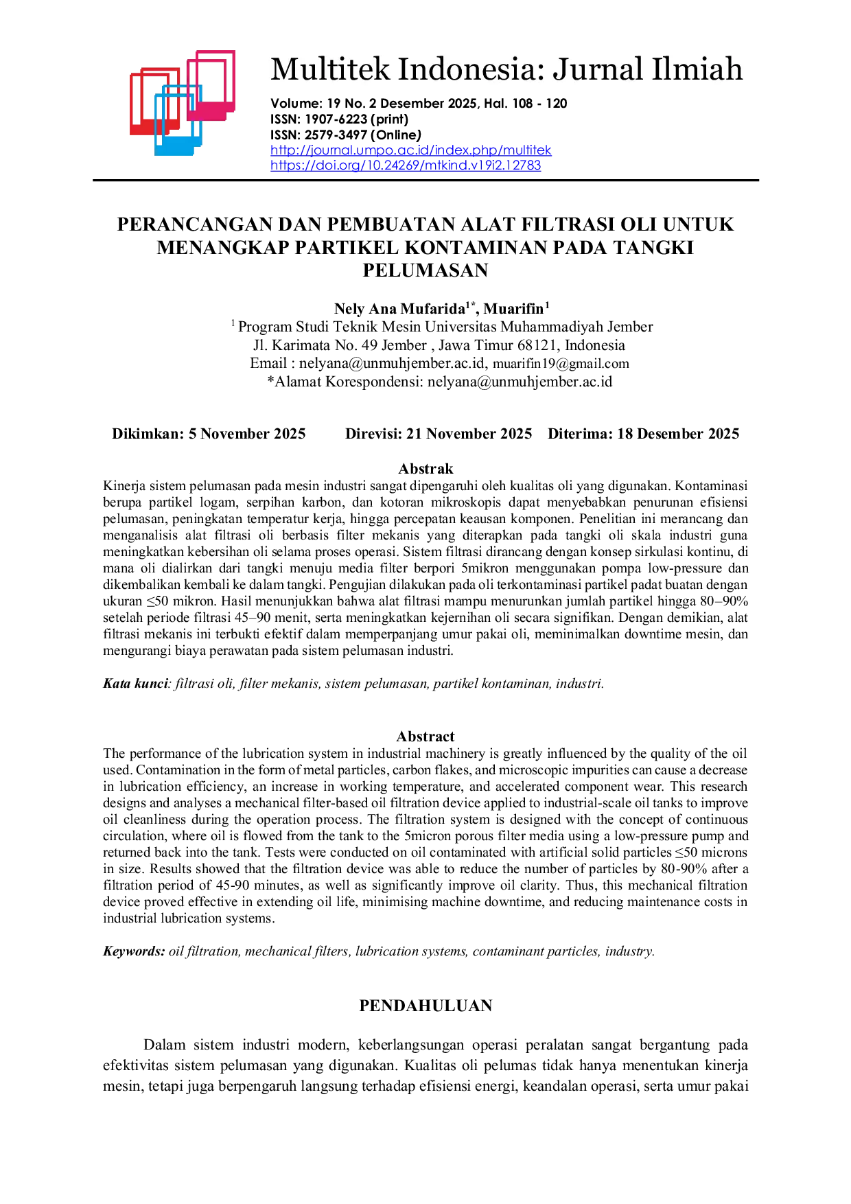 JURIS Perancangan Dan Pembuatan Alat Filtrasi Oli Untuk Menangkap Partikel Kontaminan Pada Tangki Pelumasan