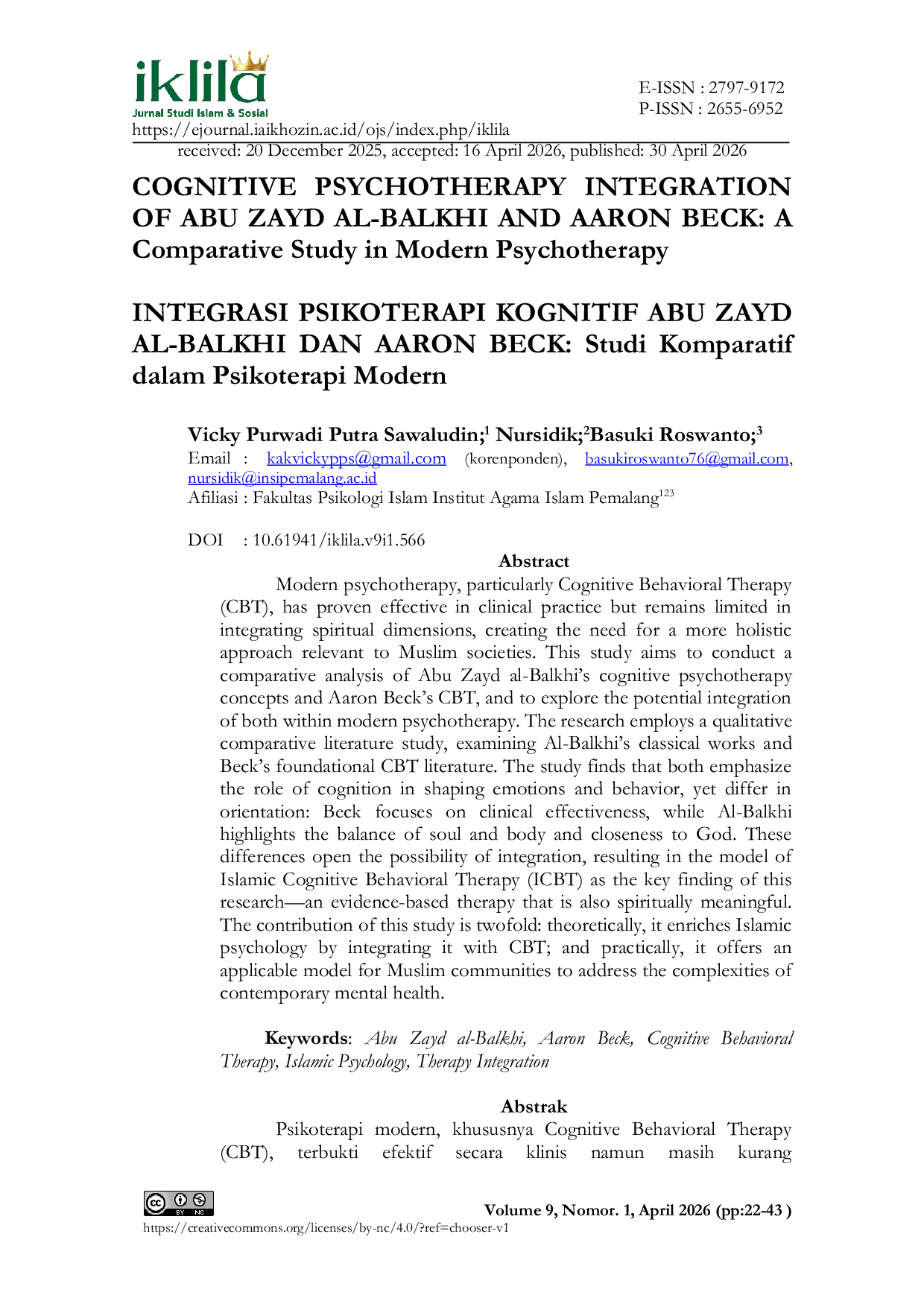 JURIS COGNITIVE PSYCHOTHERAPY INTEGRATION OF ABU ZAYD AL BALKHI AND AARON BECK A Comparative Study in Modern Psychotherapy INTEGRASI PSIKOTERAPI KOGNITIF ABU ZAYD AL BALKHI DAN AARON BECK Studi Komparati