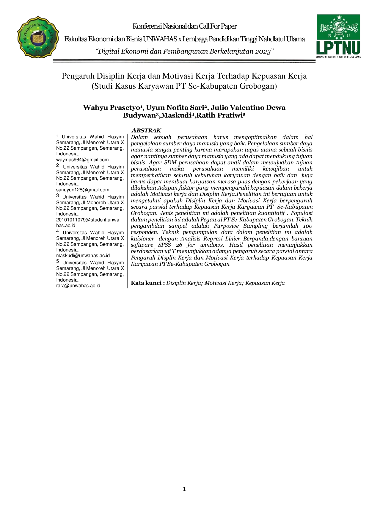 JURIS Pengaruh Disiplin Kerja dan Motivasi Kerja Terhadap Kepuasan Kerja Studi Kasus Karyawan PT Se Kabupaten Grobogan