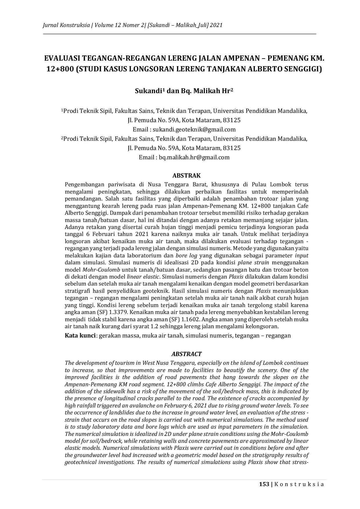 JURIS Evaluasi TeganganAcRegangan Lereng Jalan Ampenan Pemenang Km 12 800 Studi Kasus Longsoran Lereng Tanjakan Alberto Senggigi