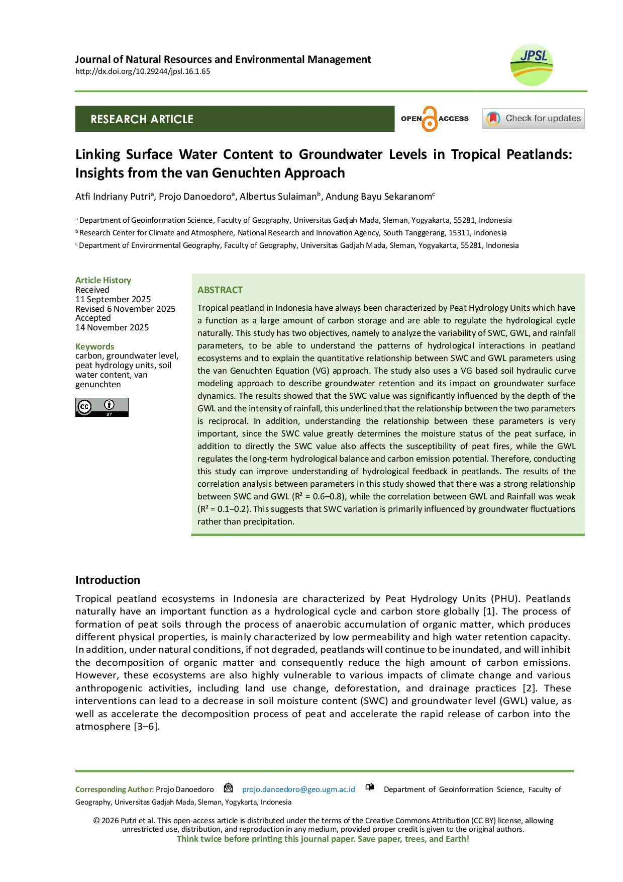 JURIS Linking Surface Water Content to Groundwater Levels in Tropical Peatlands Insights from the Van Genuchten Approach