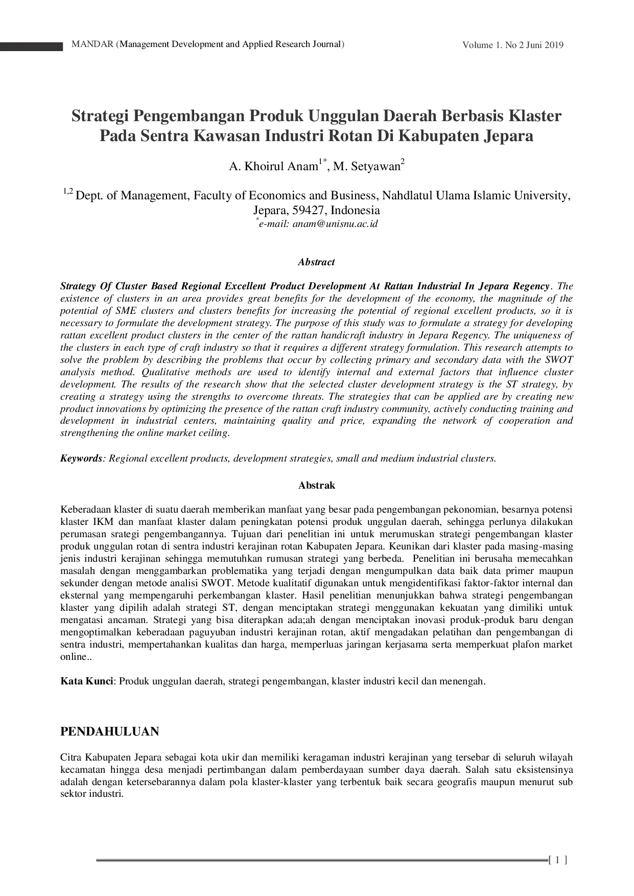 JURIS Strategi Pengembangan Produk Unggulan Daerah Berbasis Klaster Pada Sentra Kawasan Industri Rotan Di Kabupaten Jepara