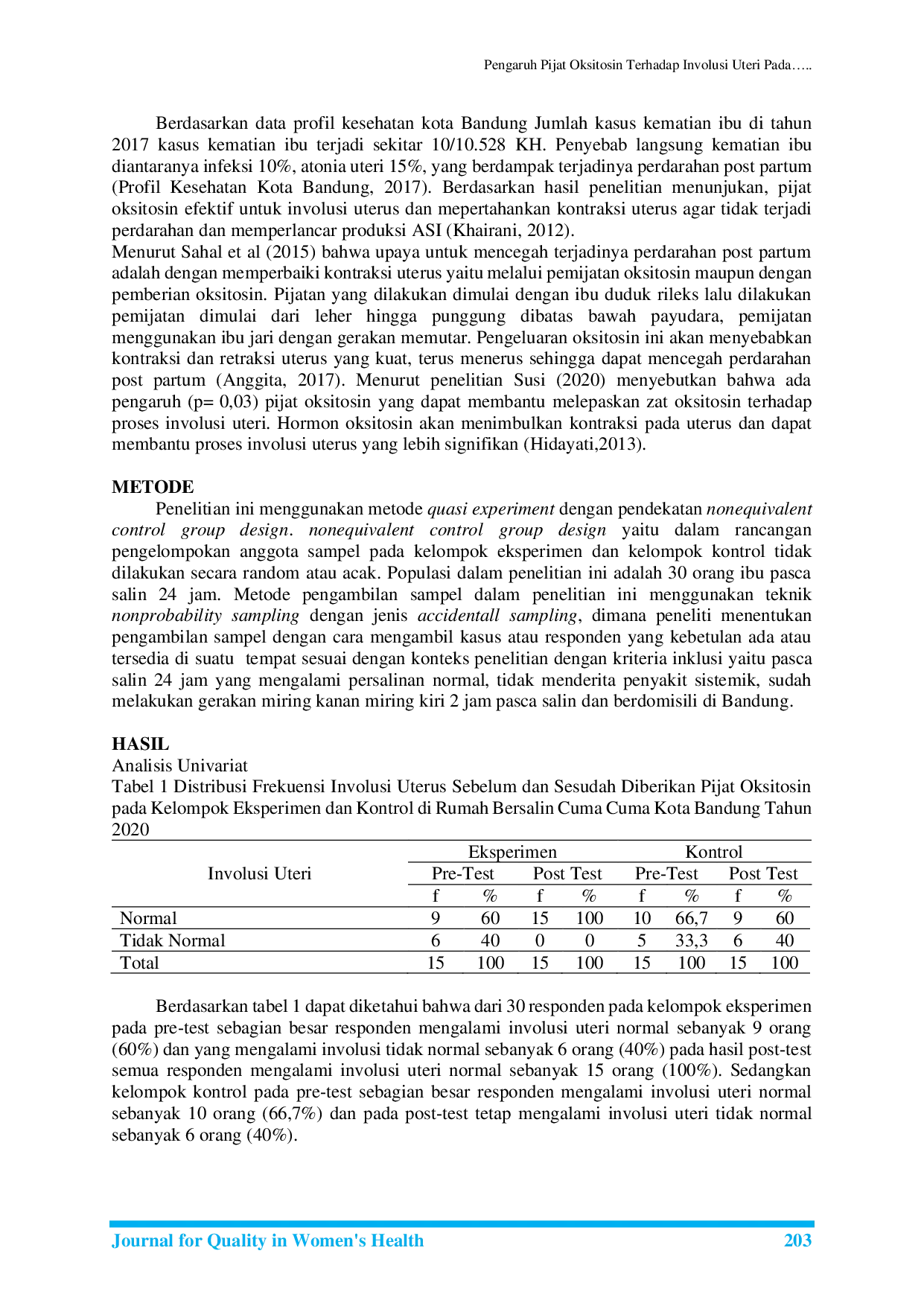 JURIS Pengaruh Pijat Oksitosin Terhadap Involusi Uteri Pada Ibu Postpartum di Rumah Bersalin Cuma Cuma Kota Bandung Tahun 2020