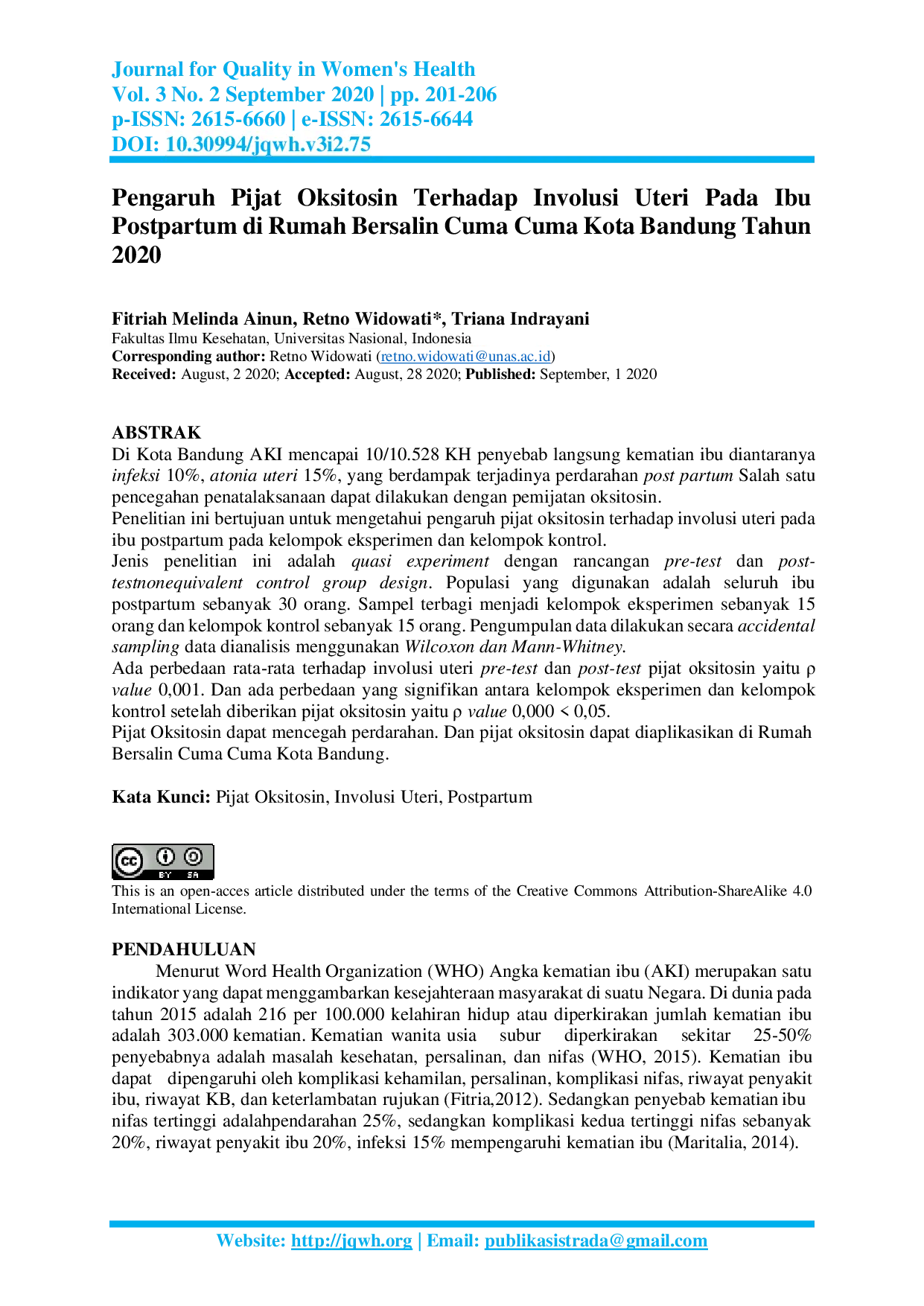 JURIS Pengaruh Pijat Oksitosin Terhadap Involusi Uteri Pada Ibu Postpartum di Rumah Bersalin Cuma Cuma Kota Bandung Tahun 2020