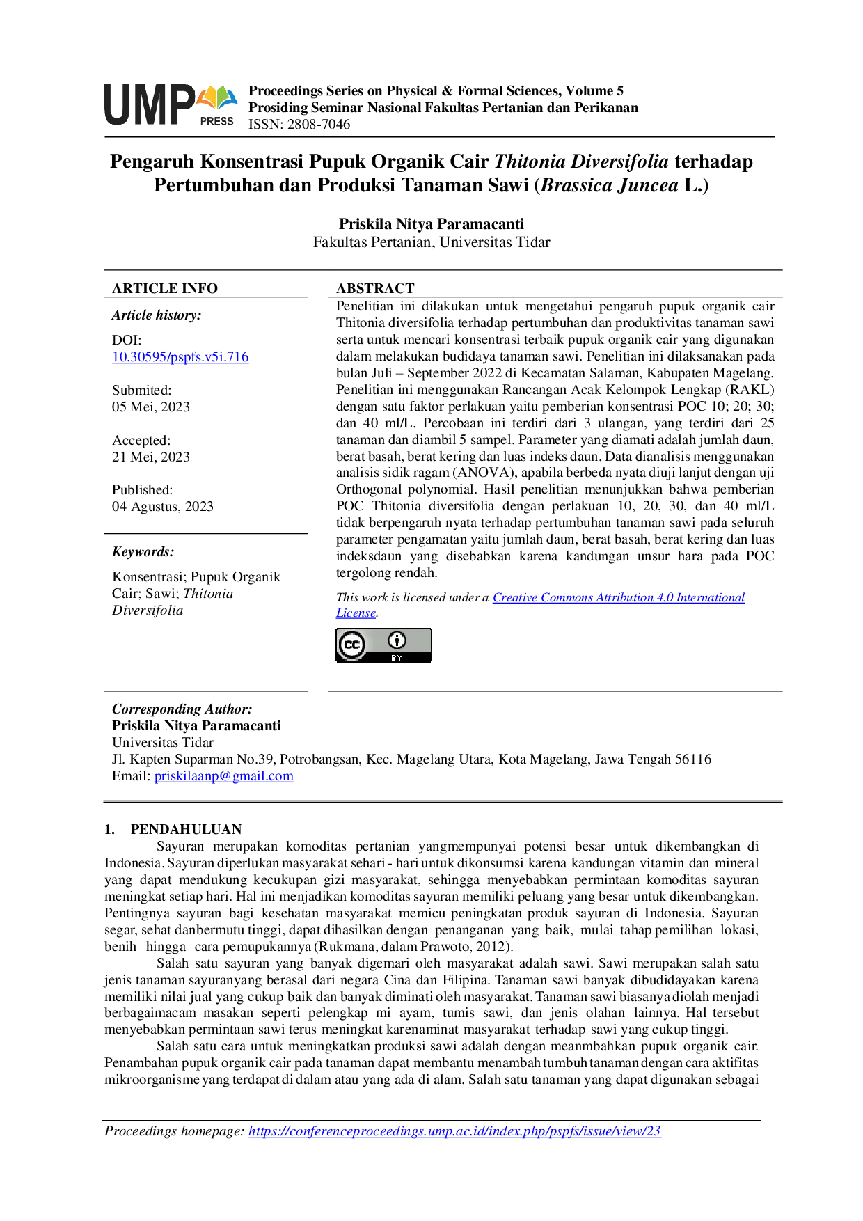 JURIS Pengaruh Konsentrasi Pupuk Organik Cair Thitonia Diversifolia terhadap Pertumbuhan dan Produksi Tanaman Sawi Brassica Juncea L