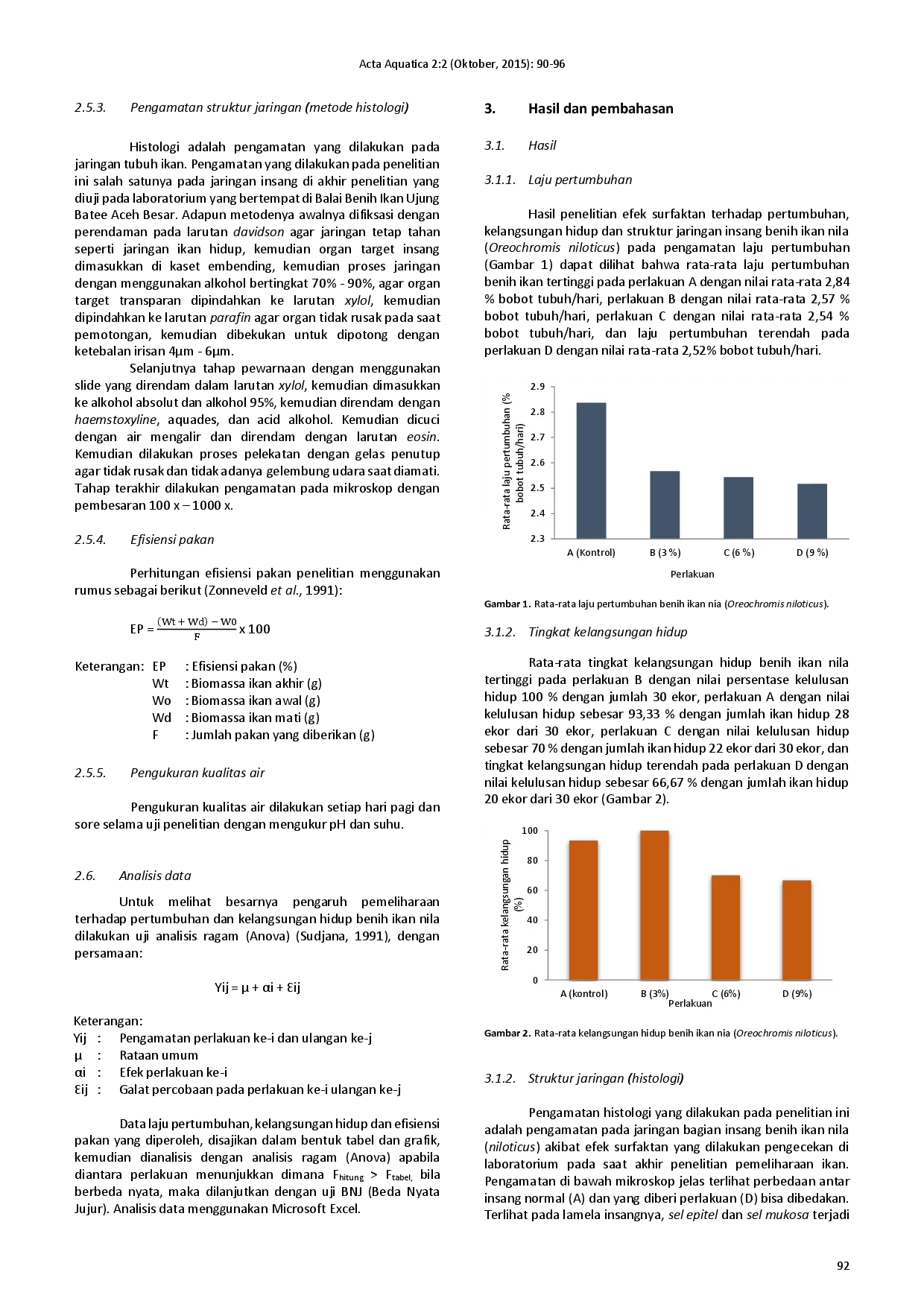 juris Efek surfaktan terhadap pertumbuhan kelangsungan hidup dan struktur jaringan insang benih Ikan Nila Oreochromis niloticus