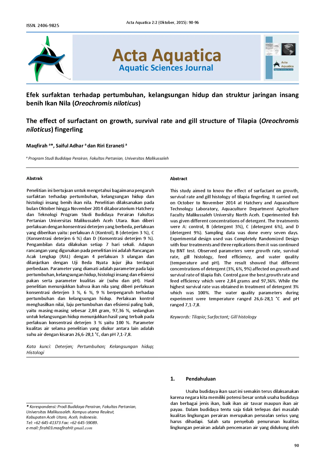 juris Efek surfaktan terhadap pertumbuhan kelangsungan hidup dan struktur jaringan insang benih Ikan Nila Oreochromis niloticus