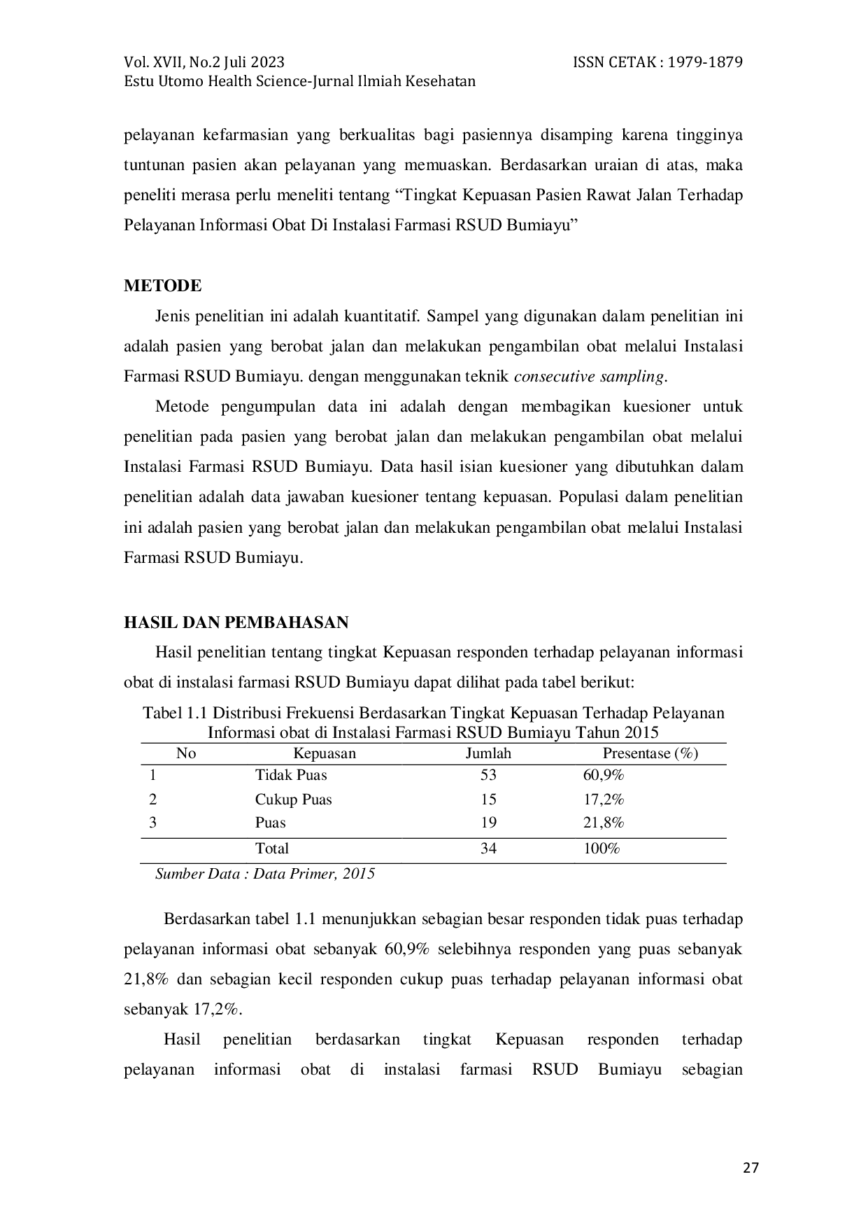 JURIS Tingkat Kepuasan Rawat Jalan Terhadap Pelayanan Informasi Obat Di Instalasi Farmasi Rsud Bumiayu