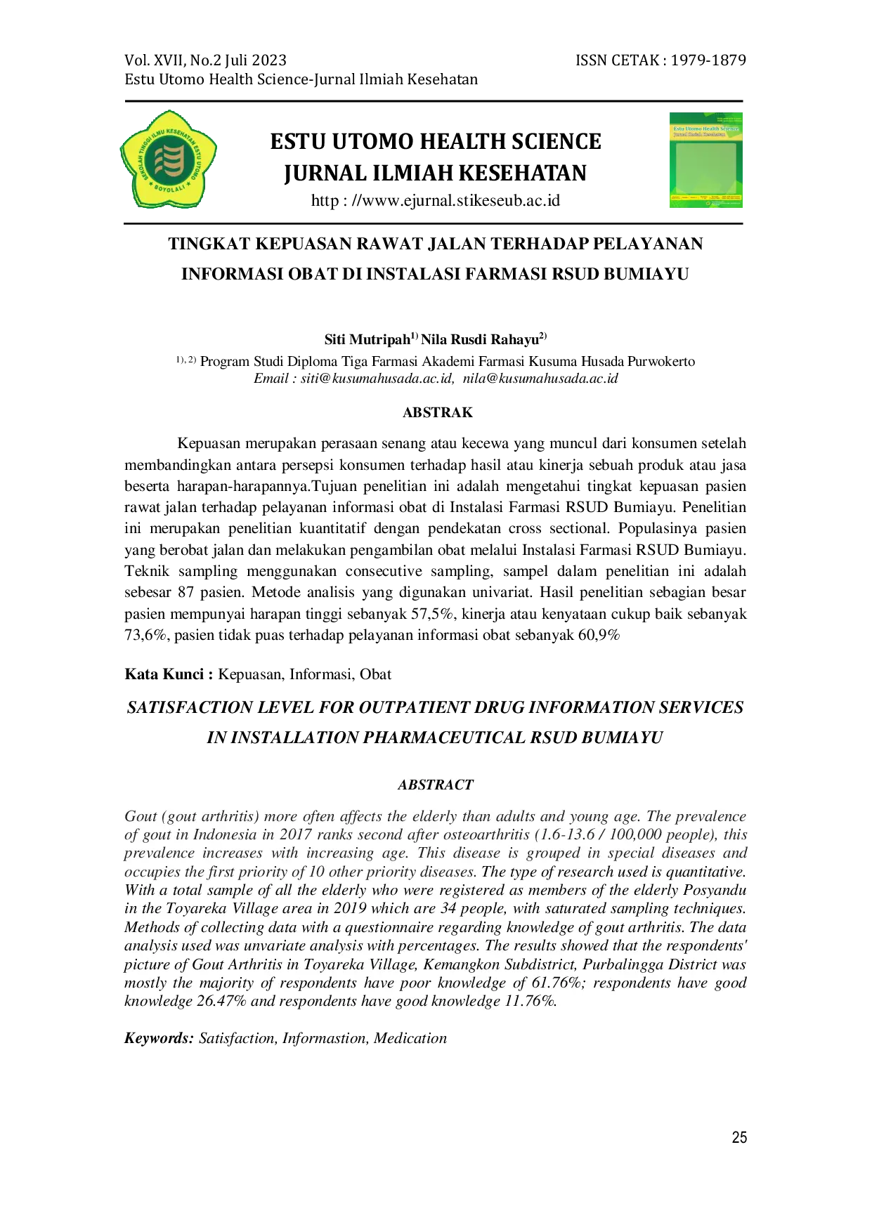 JURIS Tingkat Kepuasan Rawat Jalan Terhadap Pelayanan Informasi Obat Di Instalasi Farmasi Rsud Bumiayu