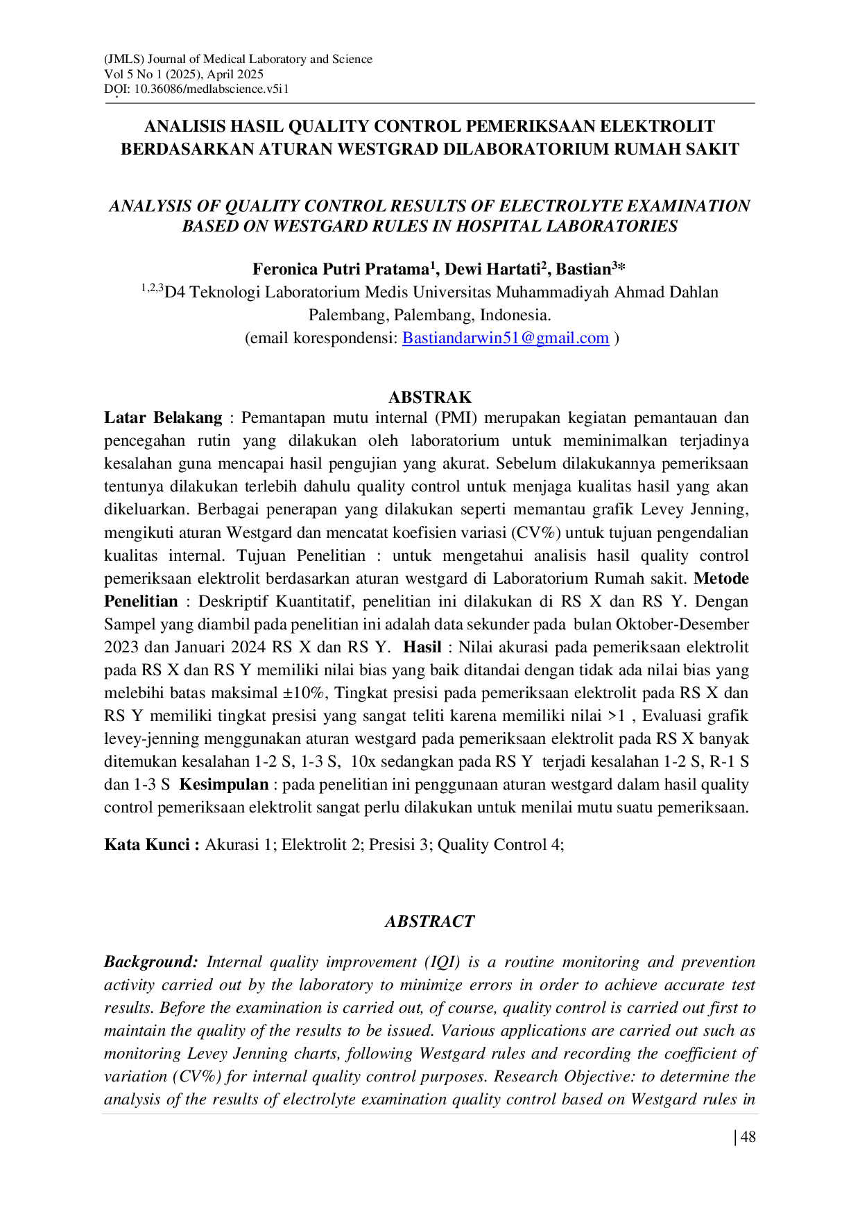 JURIS Analisis Hasil Quality Control Pemeriksaan Elektrolit Berdasarkan Aturan Westgard Di Laboratorium Rumah Sakit
