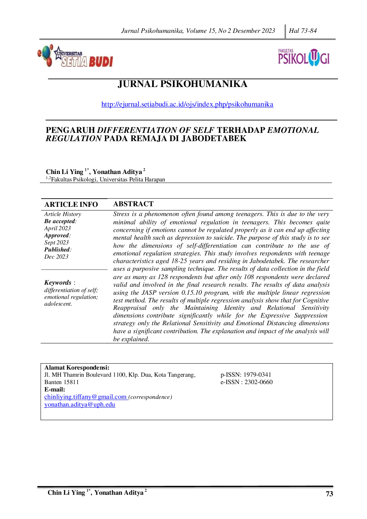 JURIS Pengaruh Differentiation Of Self Terhadap Emotional Regulation Pada Remaja Di Jabodetabek