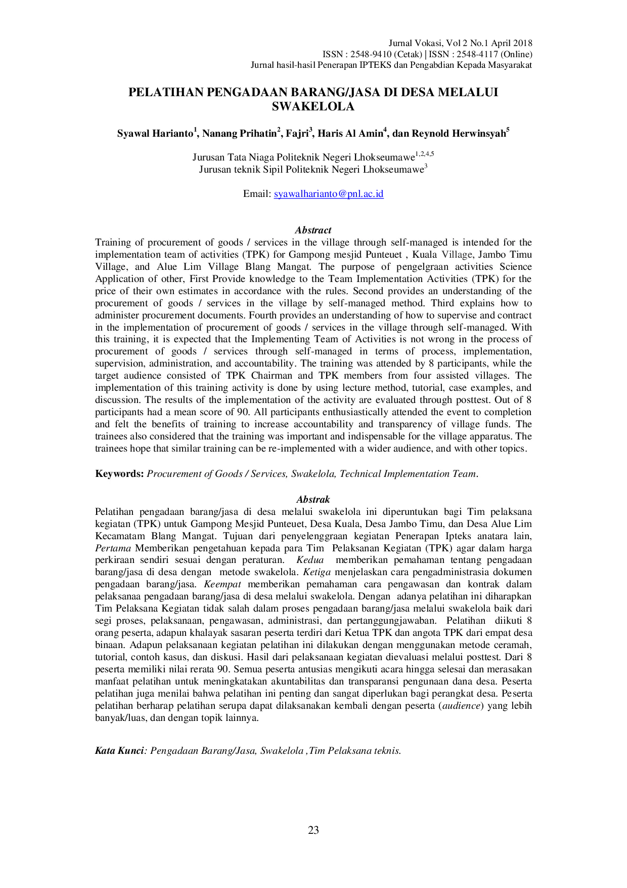 JURIS PELATIHAN PENGADAAN BARANG JASA DI DESA MELALUI SWAKELOLA