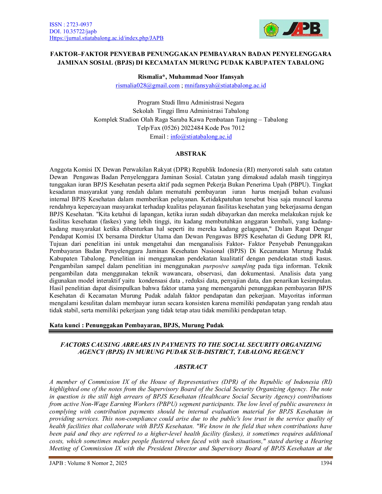 JURIS Faktor Faktor Penyebab Penunggakan Pembayaran Badan Penyelenggara Jaminan Sosial BPJS di Kecamatan Murung Pudak Kabupaten Tabalong
