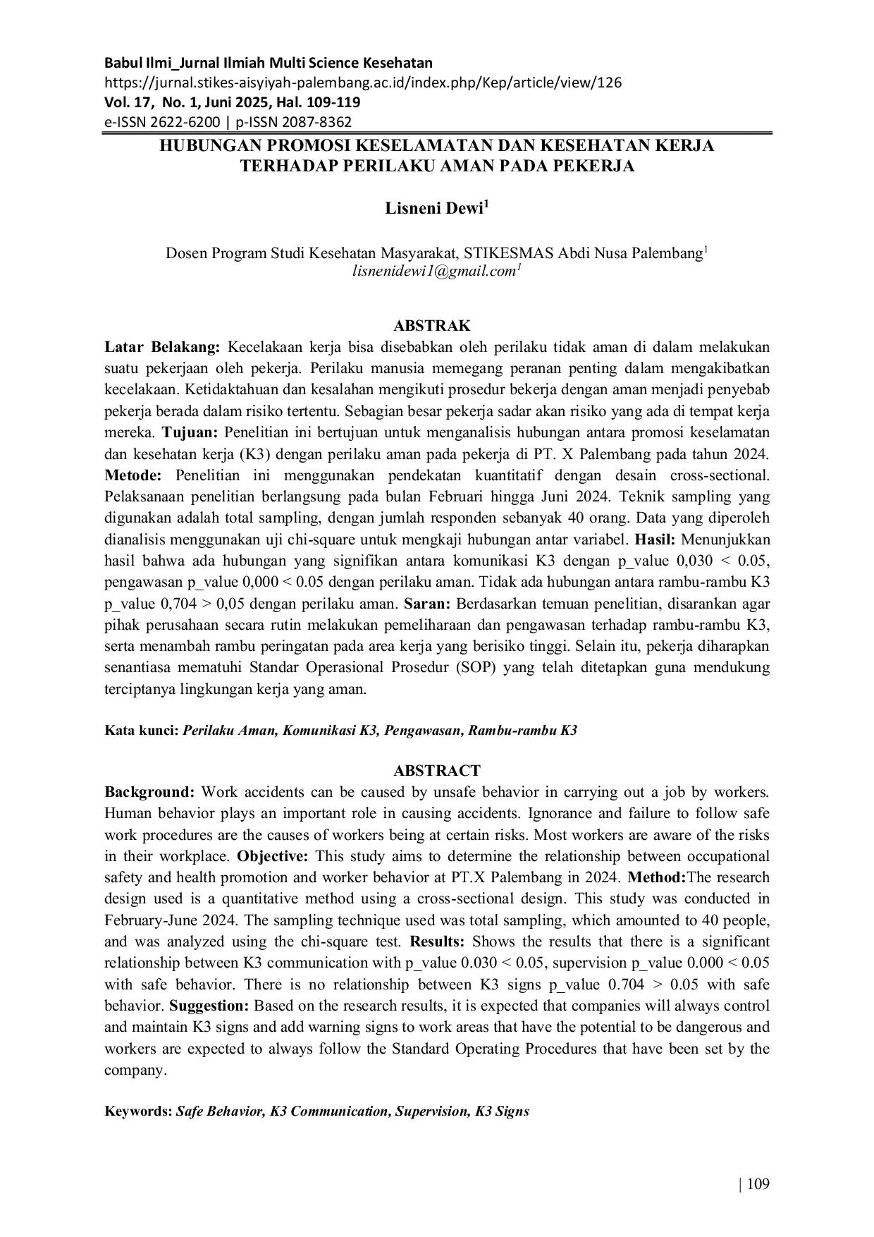 JURIS Hubungan Promosi Keselamatan dan Kesehatan Kerja terhadap Perilaku Aman pada Pekerja