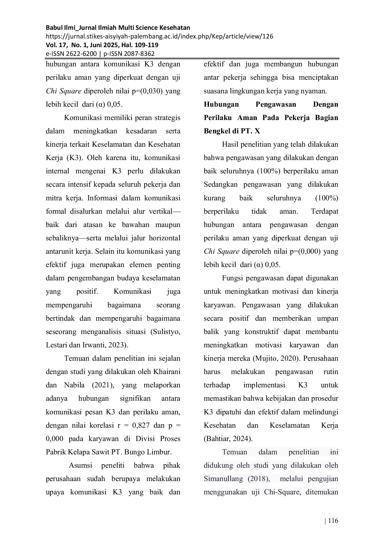 JURIS Hubungan Promosi Keselamatan dan Kesehatan Kerja terhadap Perilaku Aman pada Pekerja