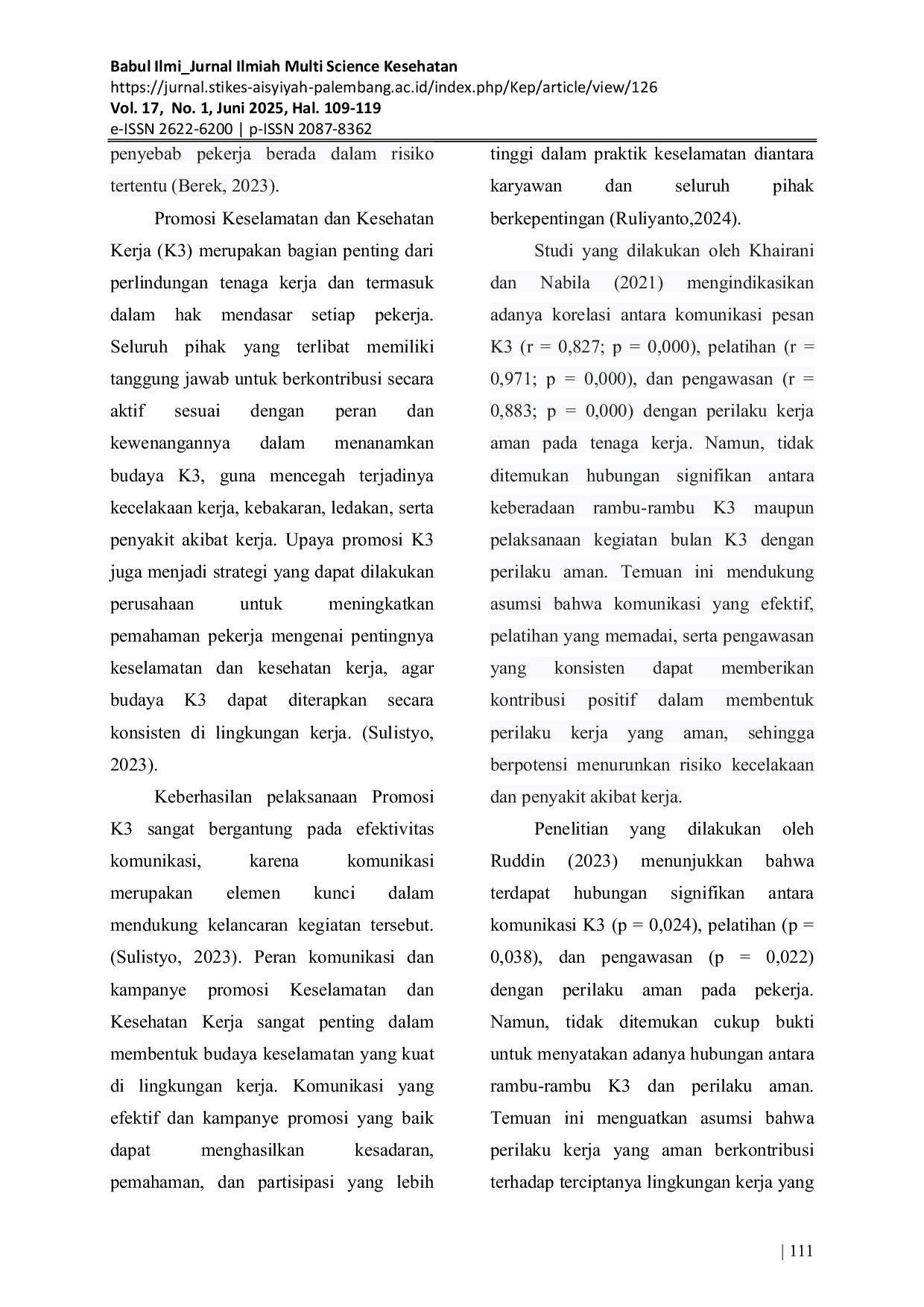 JURIS Hubungan Promosi Keselamatan dan Kesehatan Kerja terhadap Perilaku Aman pada Pekerja