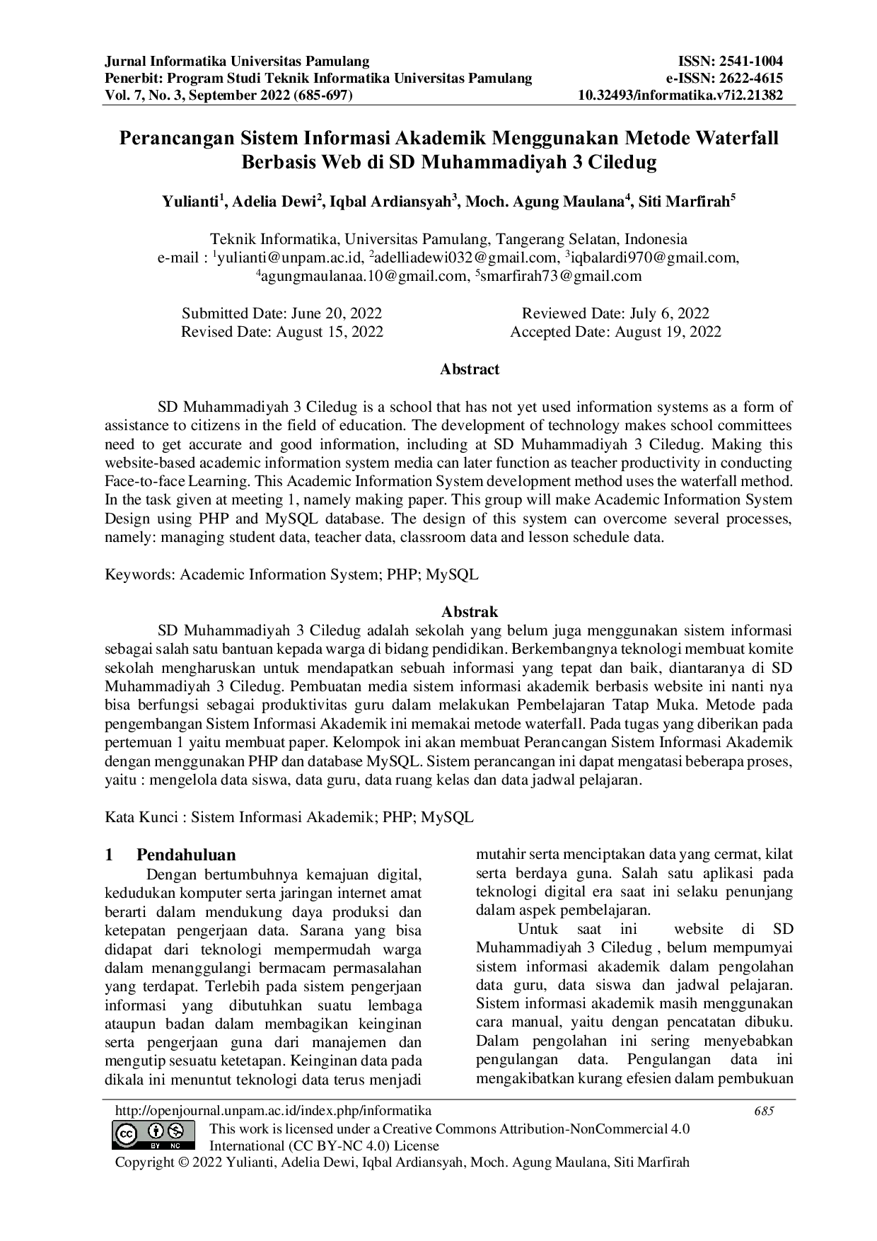 JURIS Perancangan Sistem Informasi Akademik Menggunakan Metode Waterfall Berbasis Web di SD Muhammadiyah 3 Ciledug