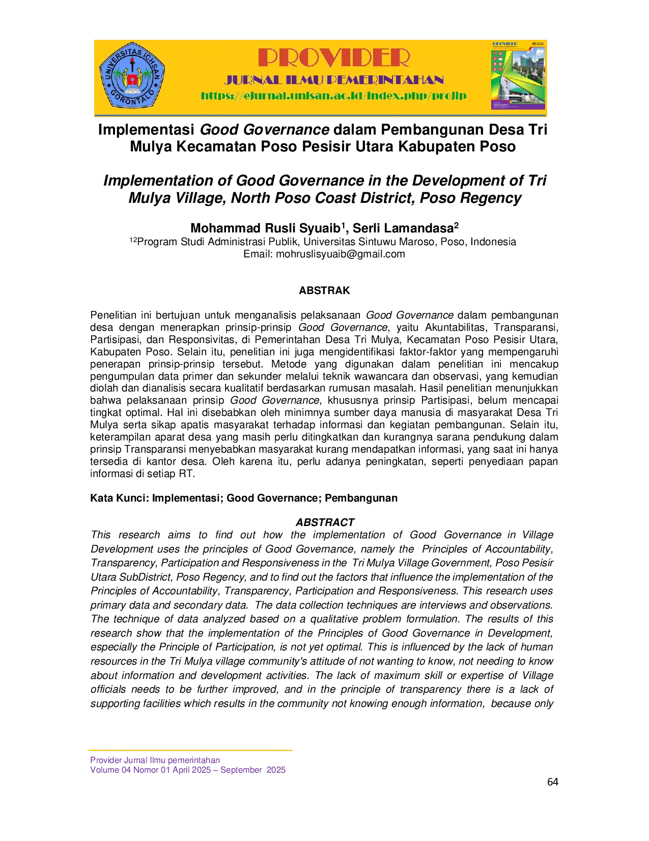JURIS Implementasi Good Governance dalam Pembangunan Desa Tri Mulya Kecamatan Poso Pesisir Utara Kabupaten Poso