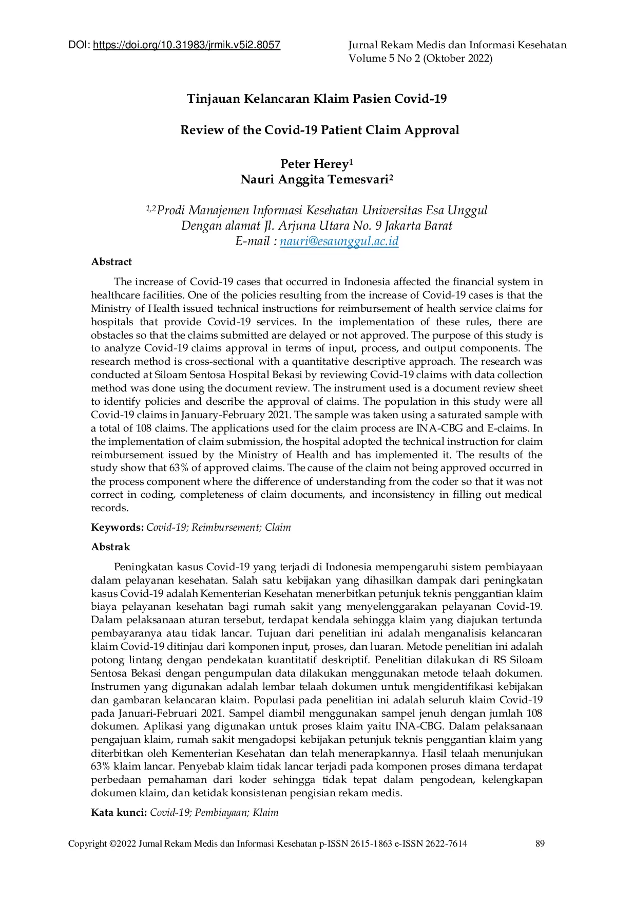 JURIS Tinjauan Kelancaran Klaim Pasien Covid 19