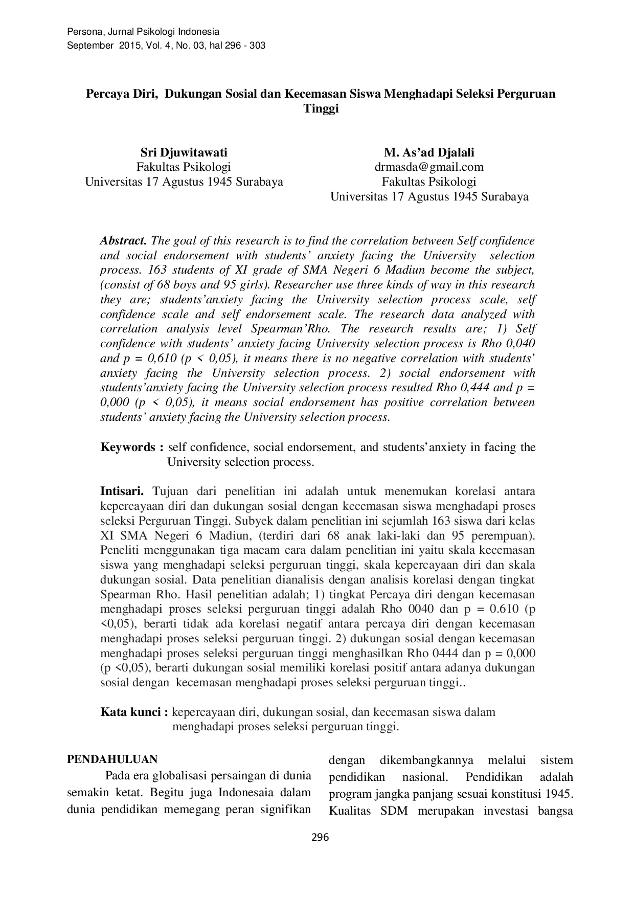 JURIS Percaya Diri Dukungan Sosial dan Kecemasan Siswa Menghadapi Seleksi Perguruan Tinggi