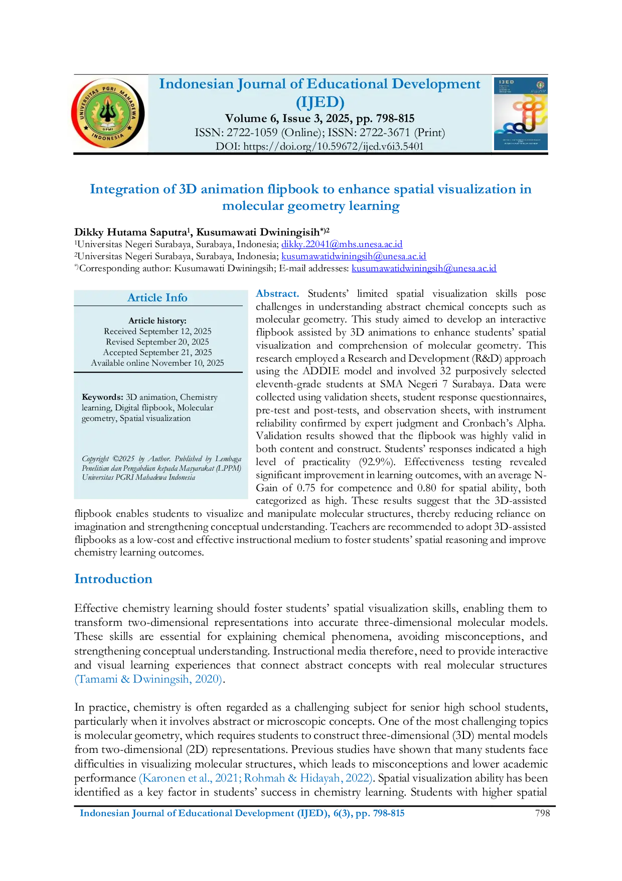 JURIS Integration of 3D animation flipbook to enhance spatial visualization in molecular geometry learning