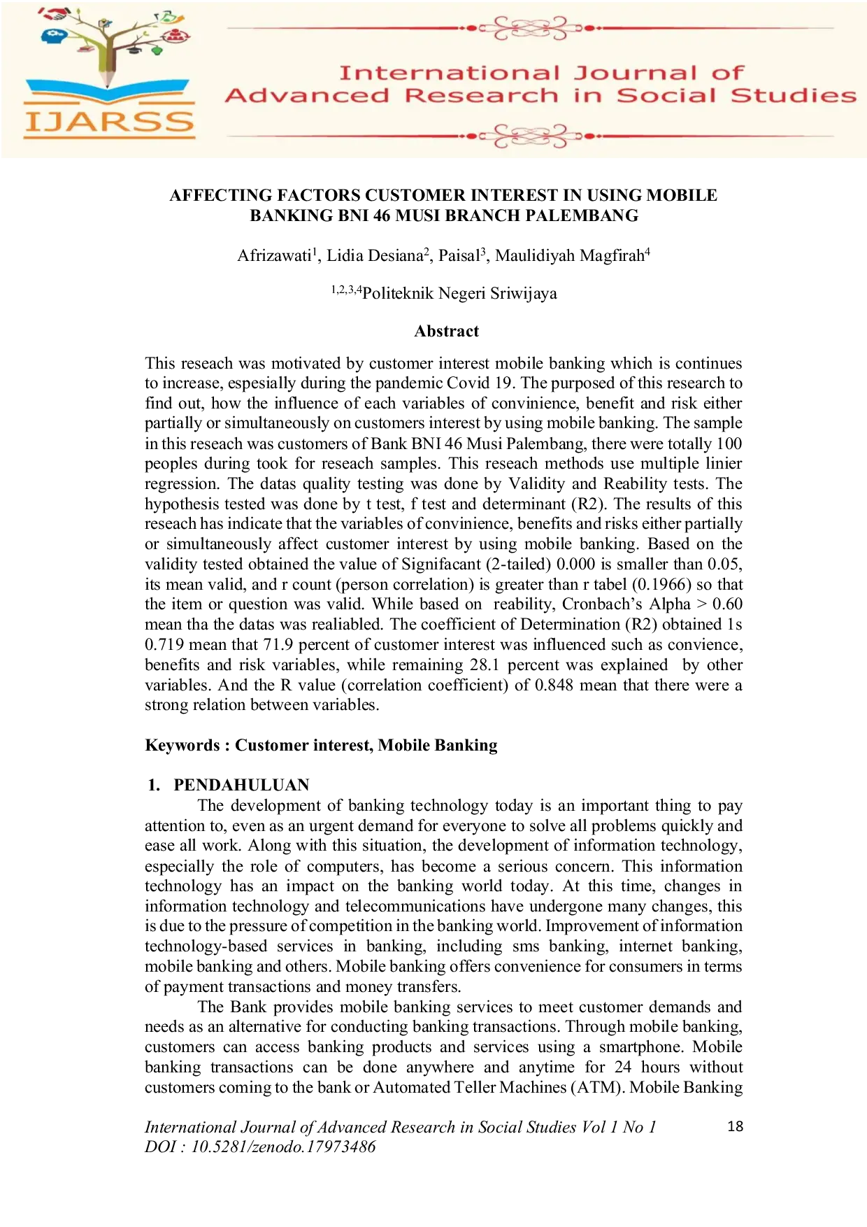 JURIS Affecting Factors Of Customer Interest in Using Mobile Banking at BNI 46 Musi Branch Palembang