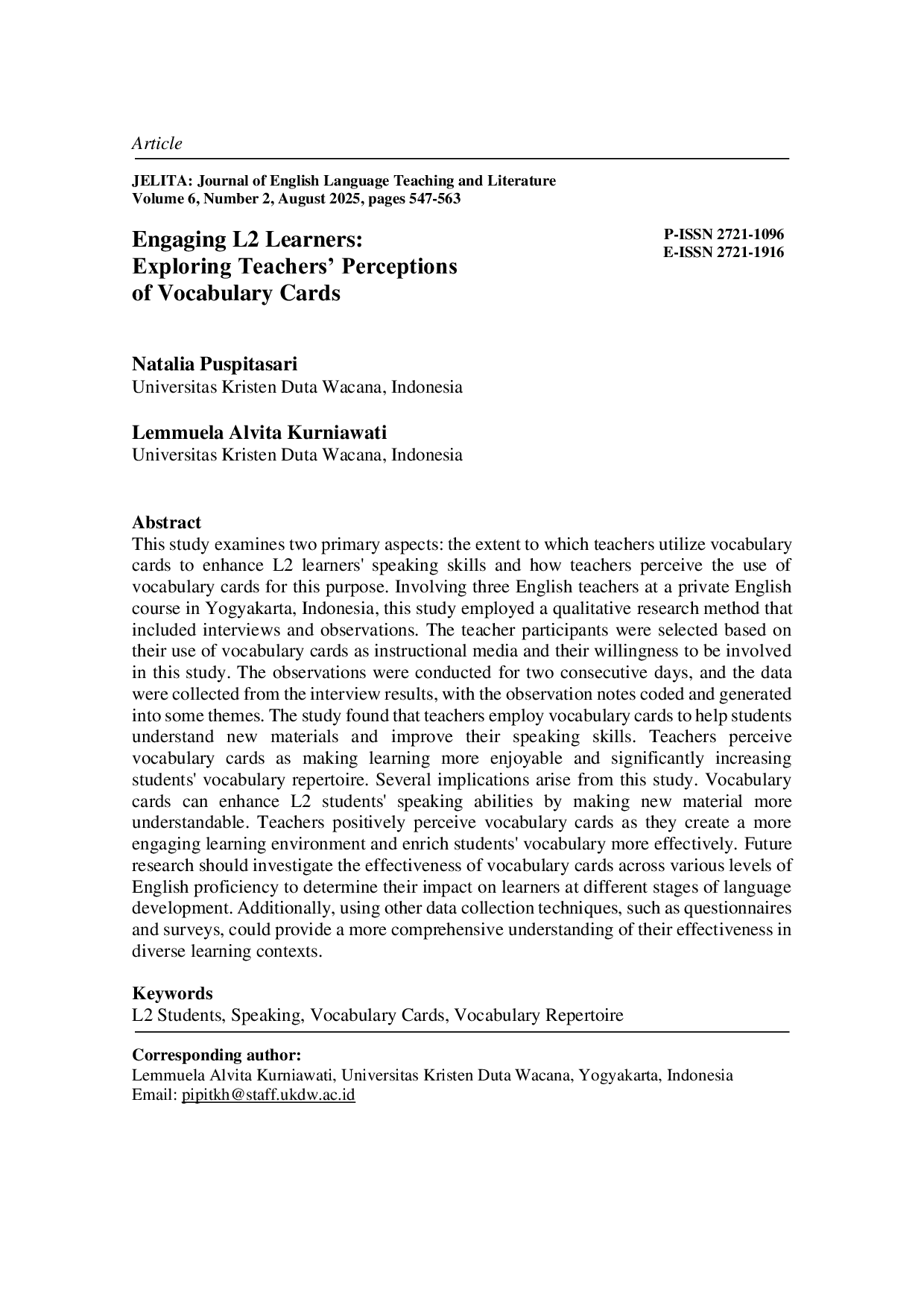 JURIS Engaging L2 Learners Exploring Teachers Perceptions of Vocabulary Cards